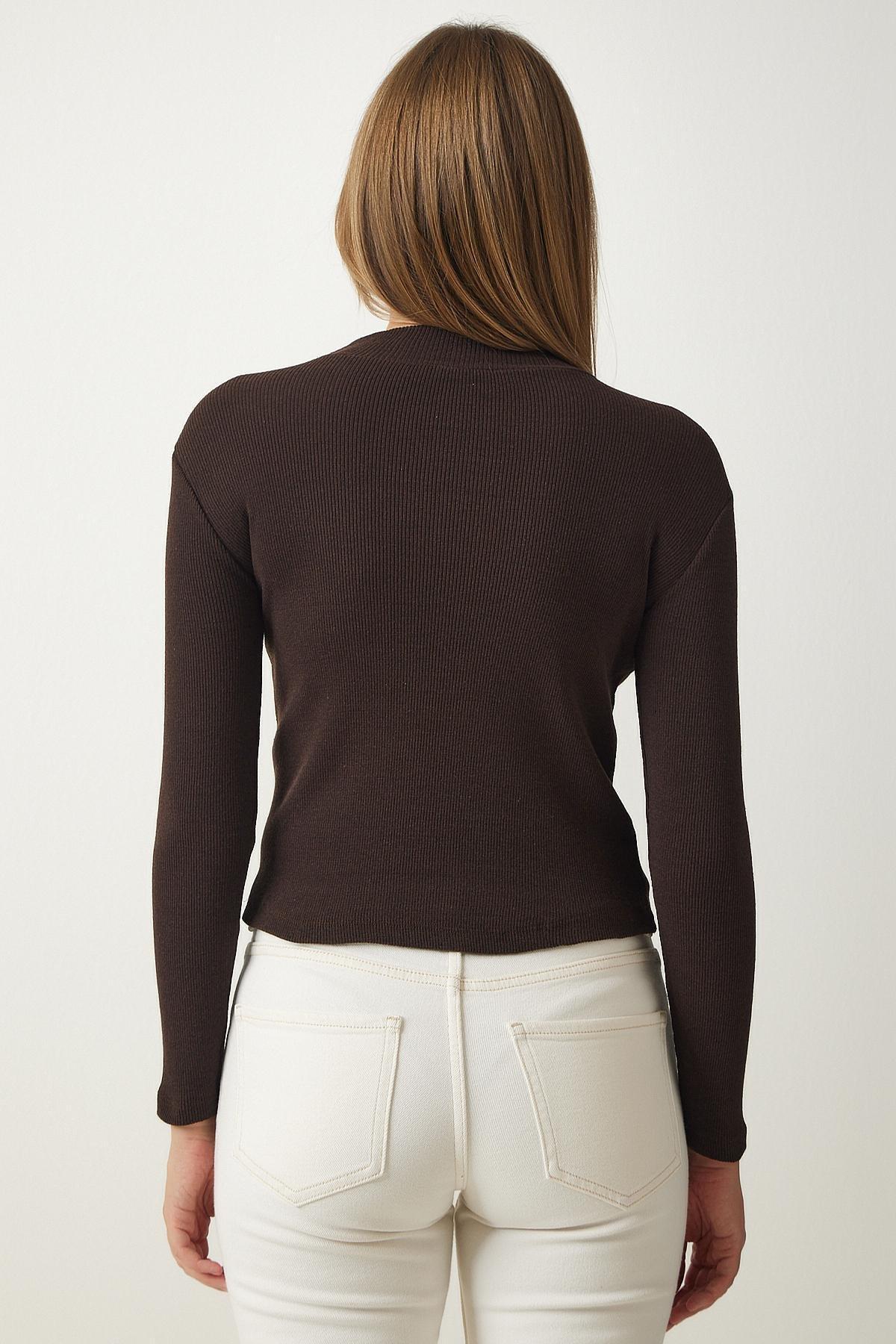 Brown High Neck Fitted Top, Cream Dark Brown, large image number 5