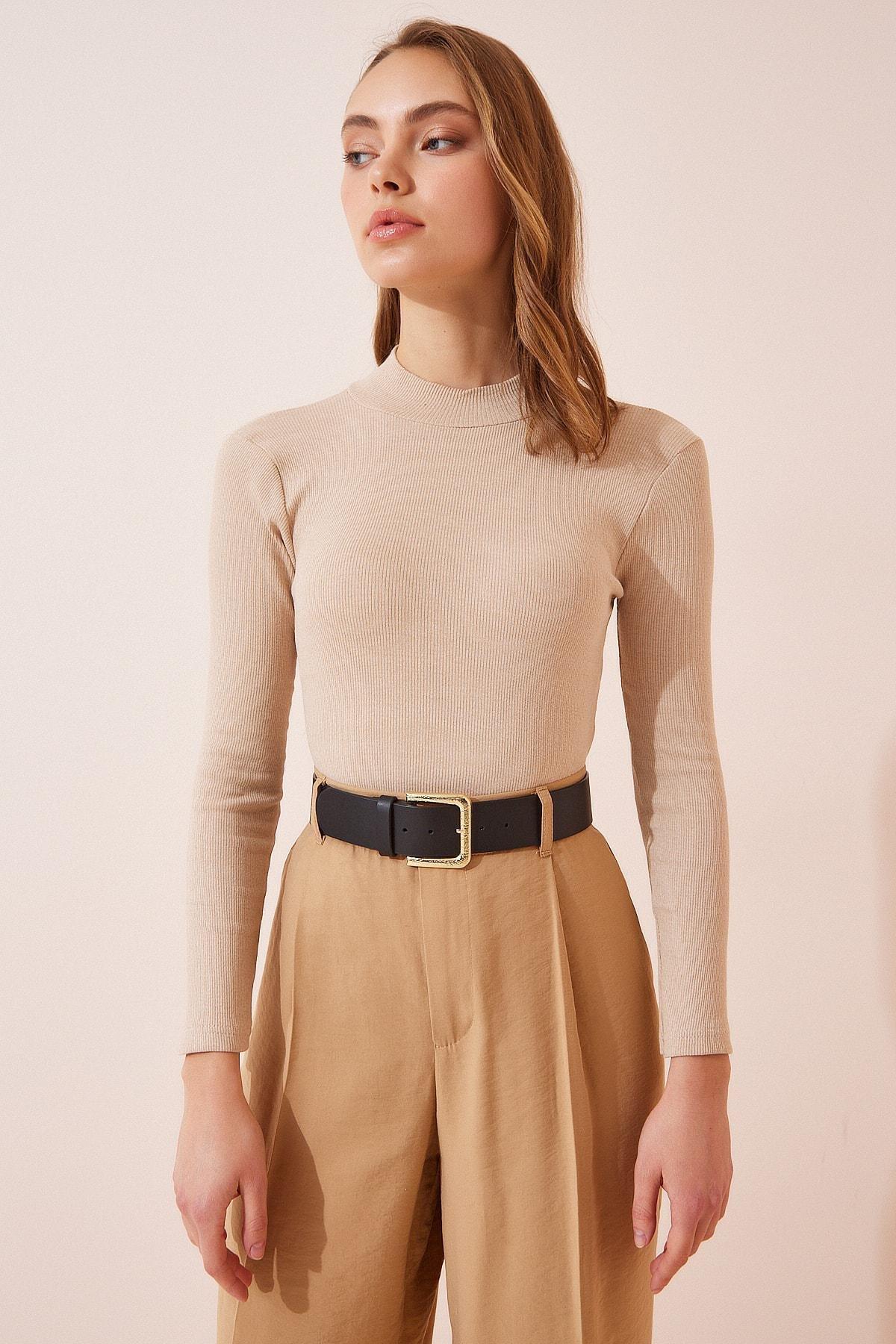 Brown High Neck Fitted Top, Cream Dark Brown, large image number 6