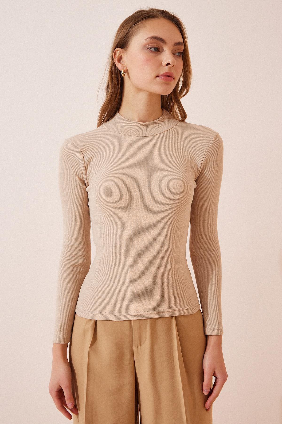 Brown High Neck Fitted Top, Cream Dark Brown, large image number 7