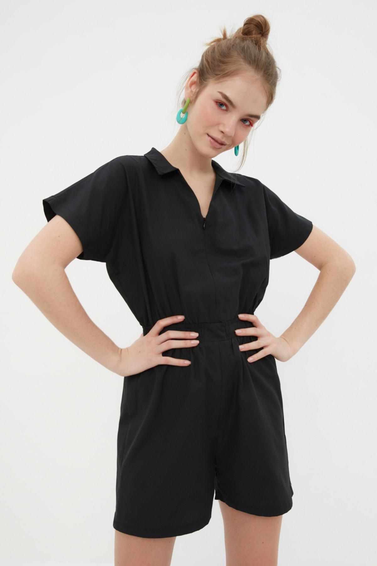 Black shirt collar Jumpsuit, Black, large image number 0