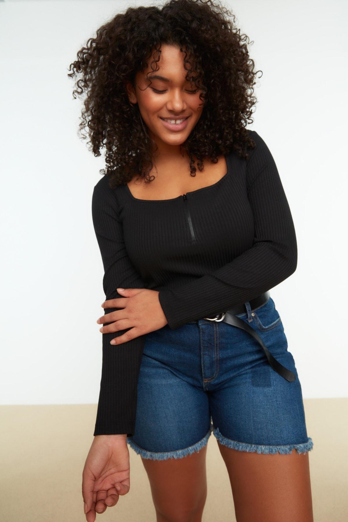 Black Slim Plus Size Blouse, , large image number 0