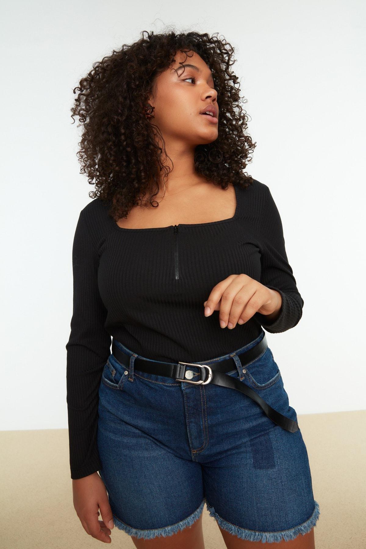 Black Slim Plus Size Blouse, , large image number 1