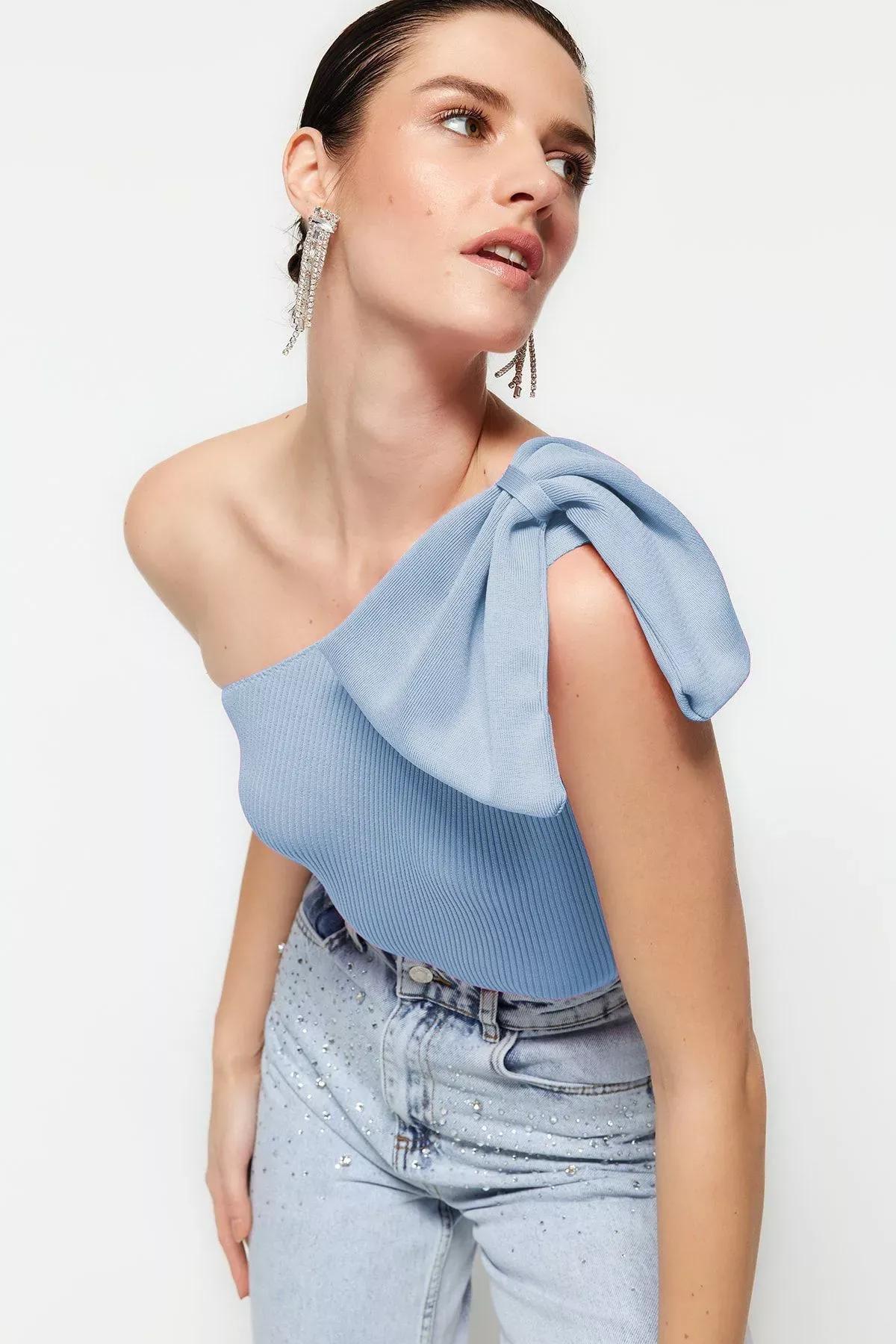 Blue Bow Detail Knit Blouse, , large image number 0