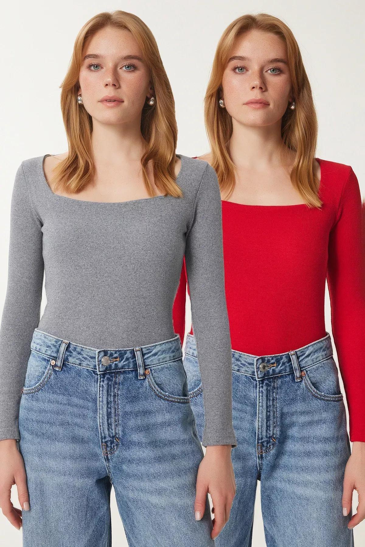 Grey Red Square Collar Blouse, C101_2629, large image number 0