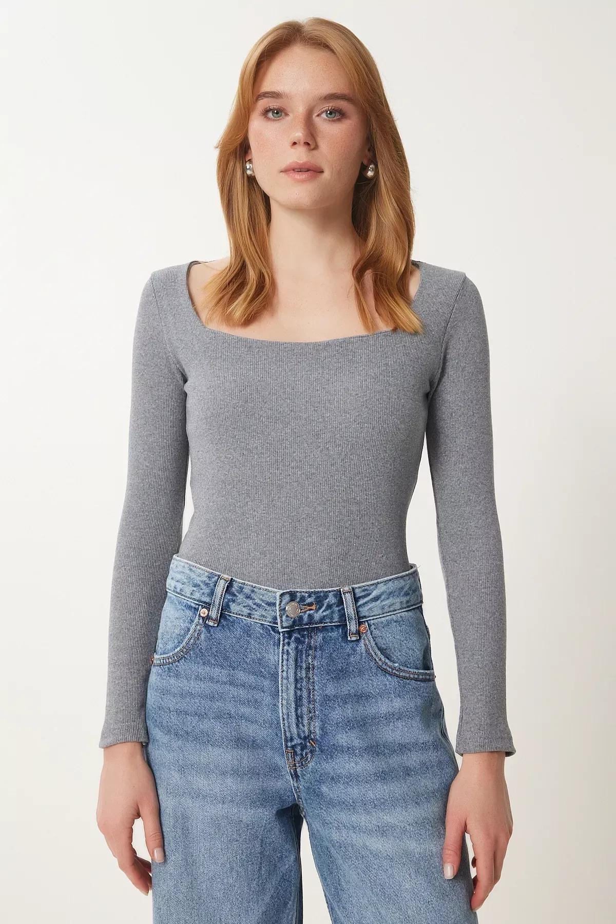 Grey Red Square Collar Blouse, C101_2629, large image number 1