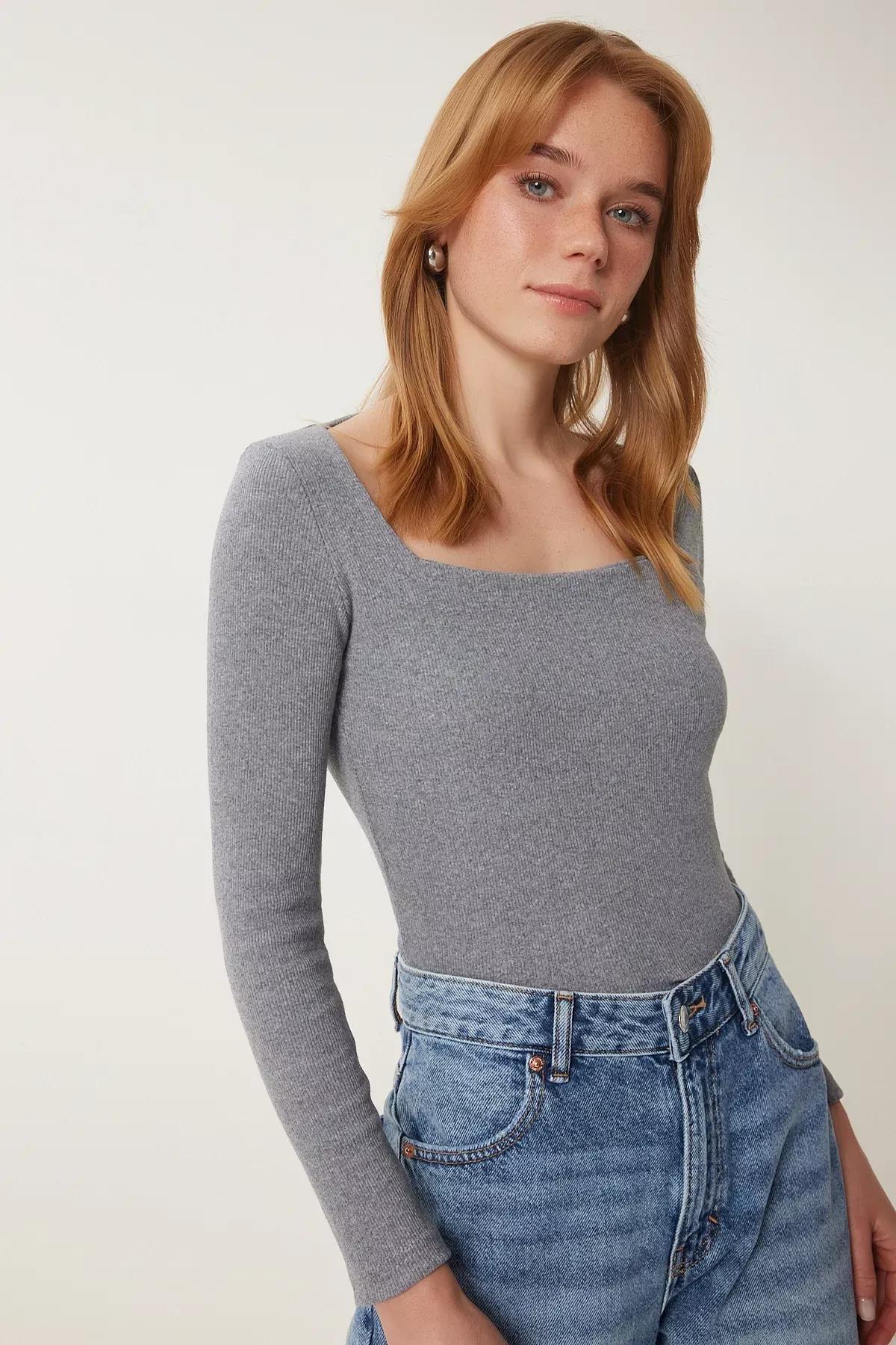 Grey Red Square Collar Blouse, C101_2629, large image number 2