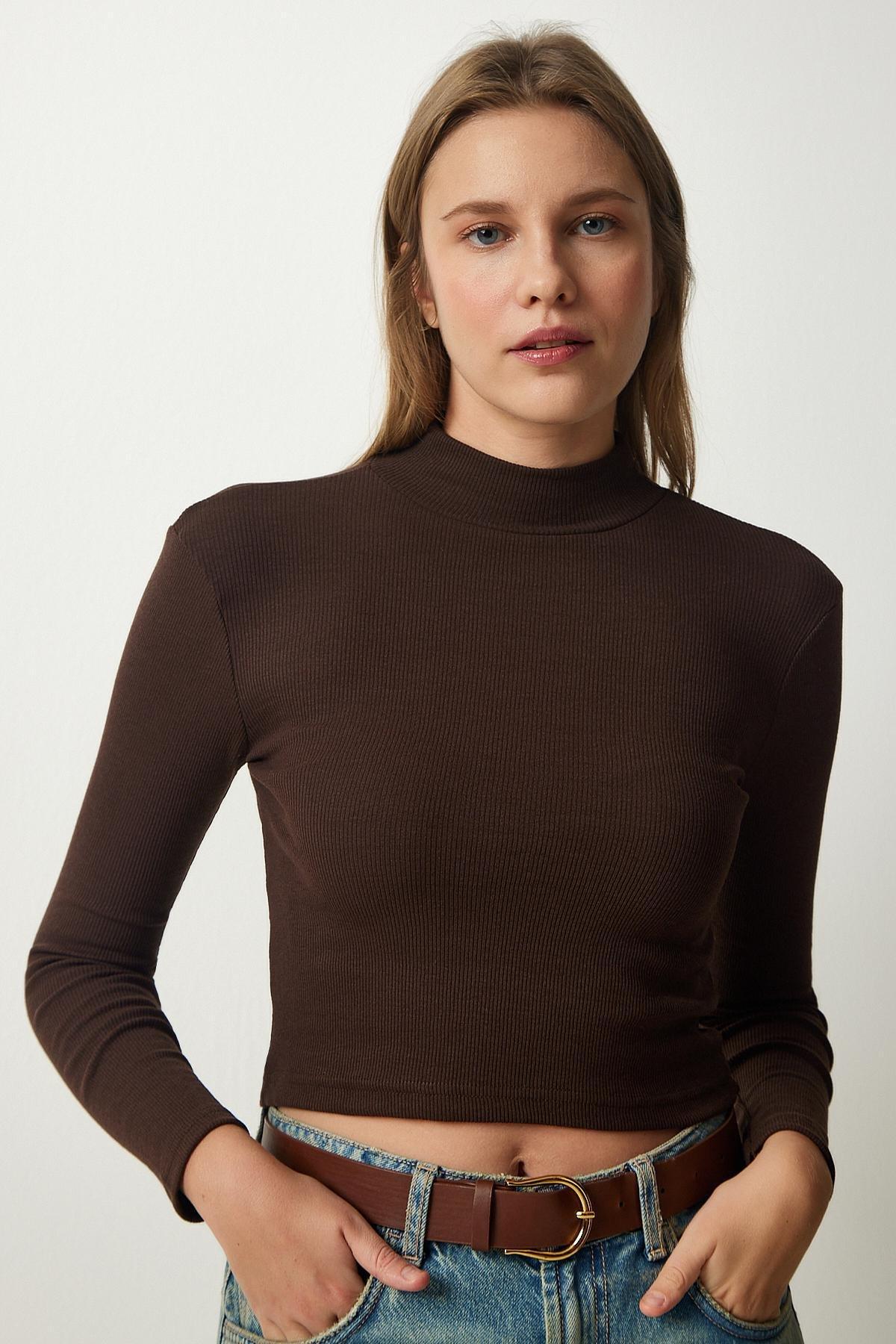 Brown Corded Turtleneck Crop Knitted Blouse, Dark brown, large image number 2