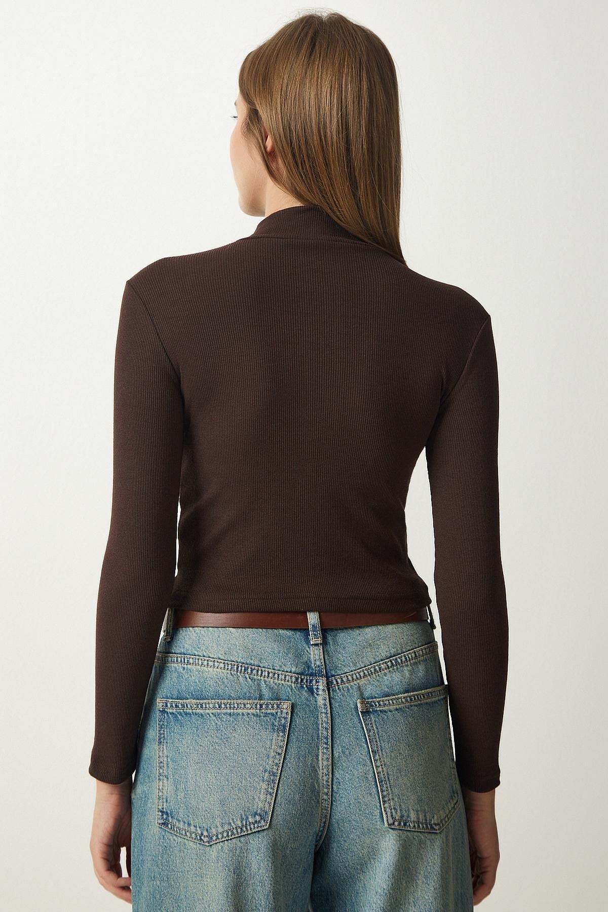 Brown Corded Turtleneck Crop Knitted Blouse, Dark brown, large image number 4