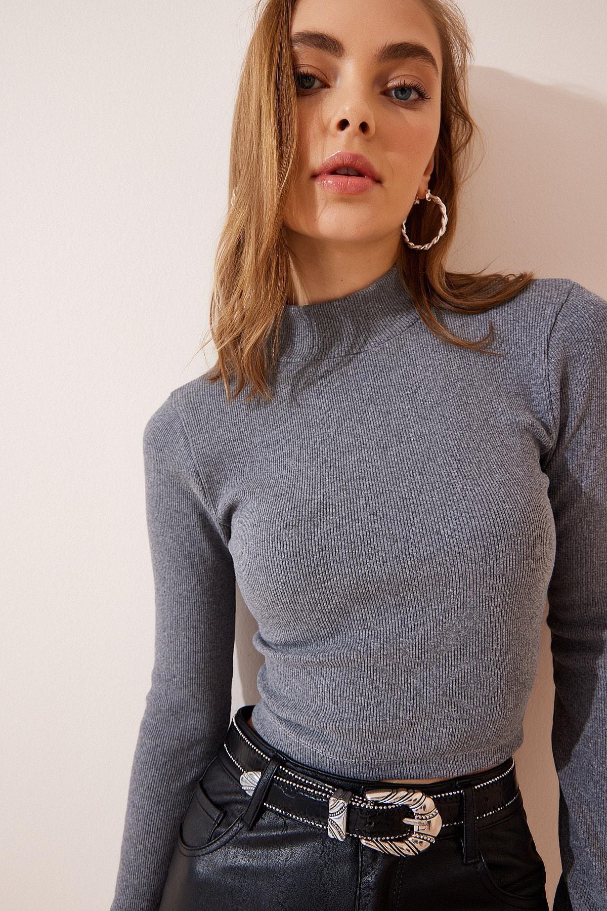 Grey Ribbed Turtleneck Crop Knitted Blouse, Smoked, large image number 1