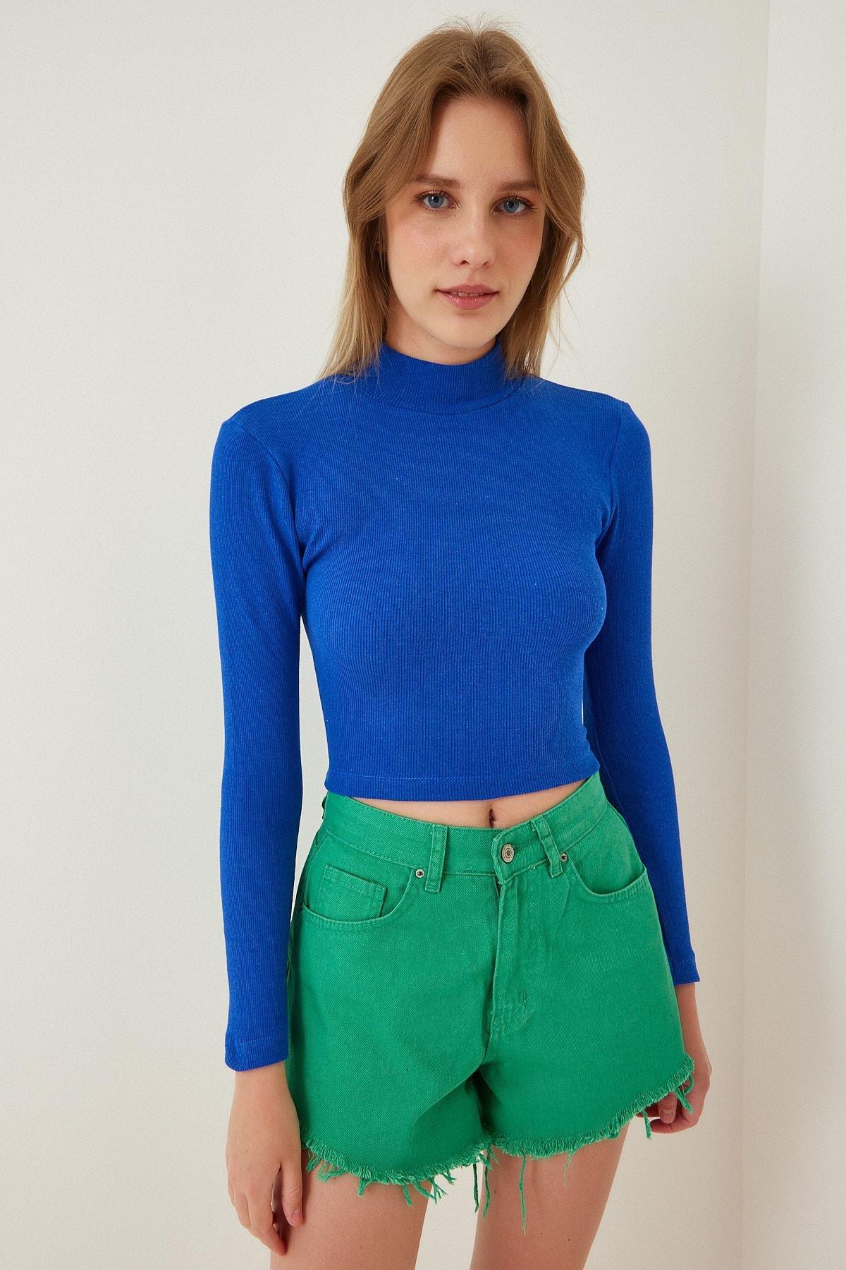 Blue High Neck Fitted Crop Top, Vivid Blue, large image number 0
