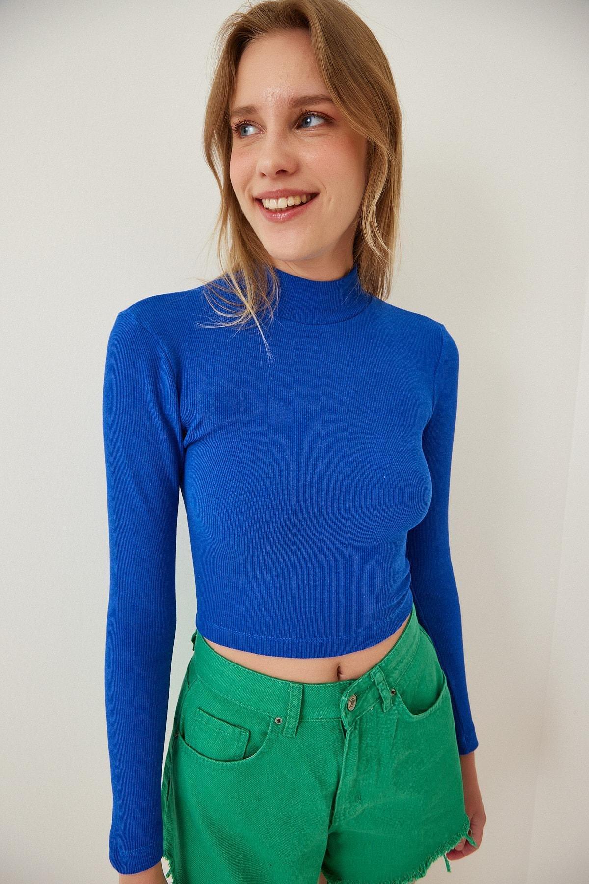 Blue High Neck Fitted Crop Top, Vivid Blue, large image number 1