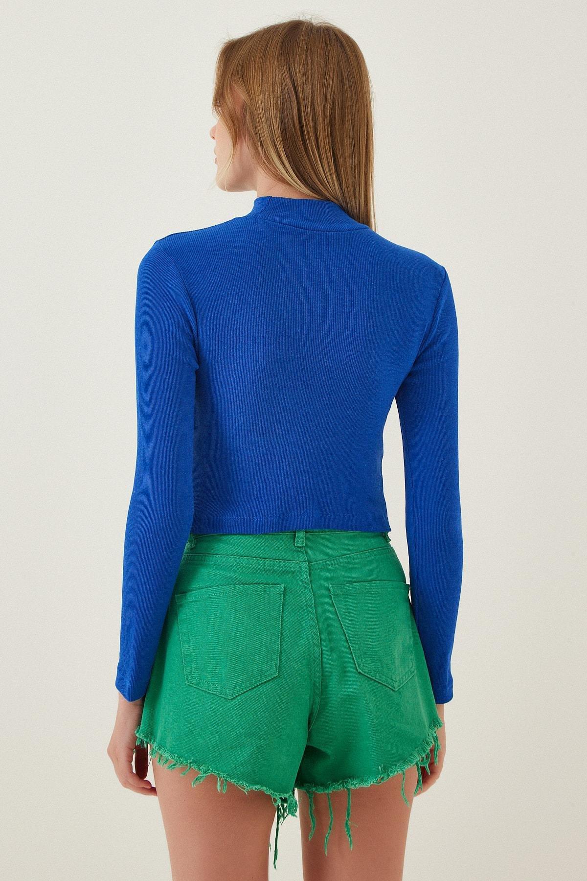 Blue High Neck Fitted Crop Top, Vivid Blue, large image number 2