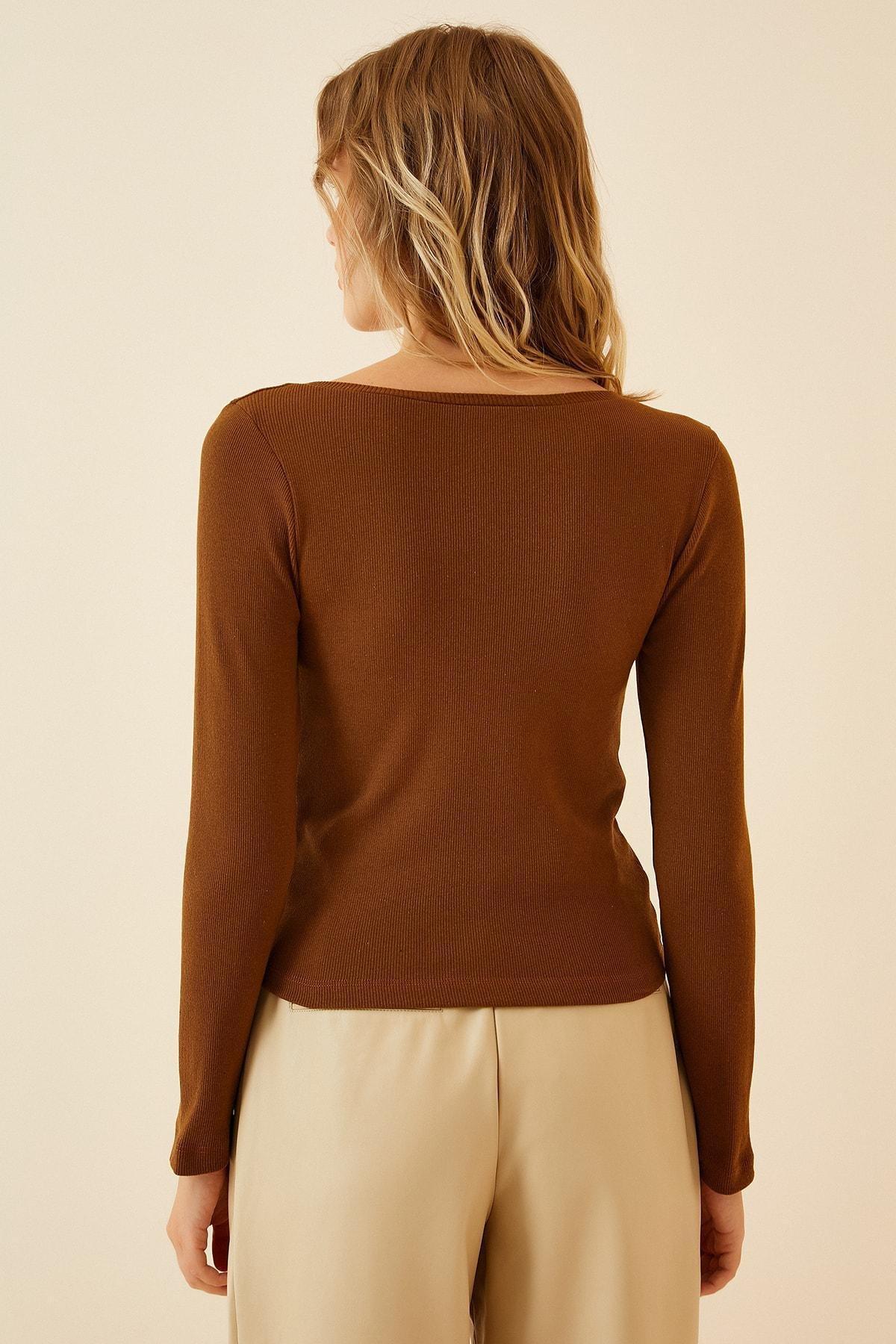 Brown V-Neck Slim Blouse, Brown Biscuit, large image number 4