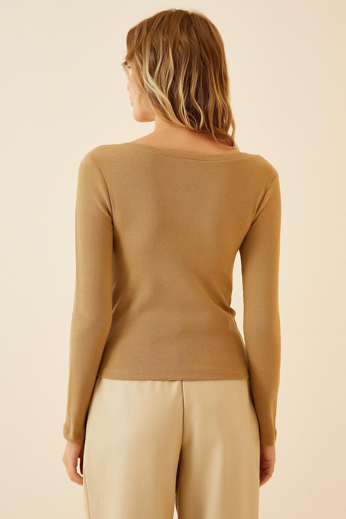 Brown V-Neck Slim Blouse, Brown Biscuit, large image number 5