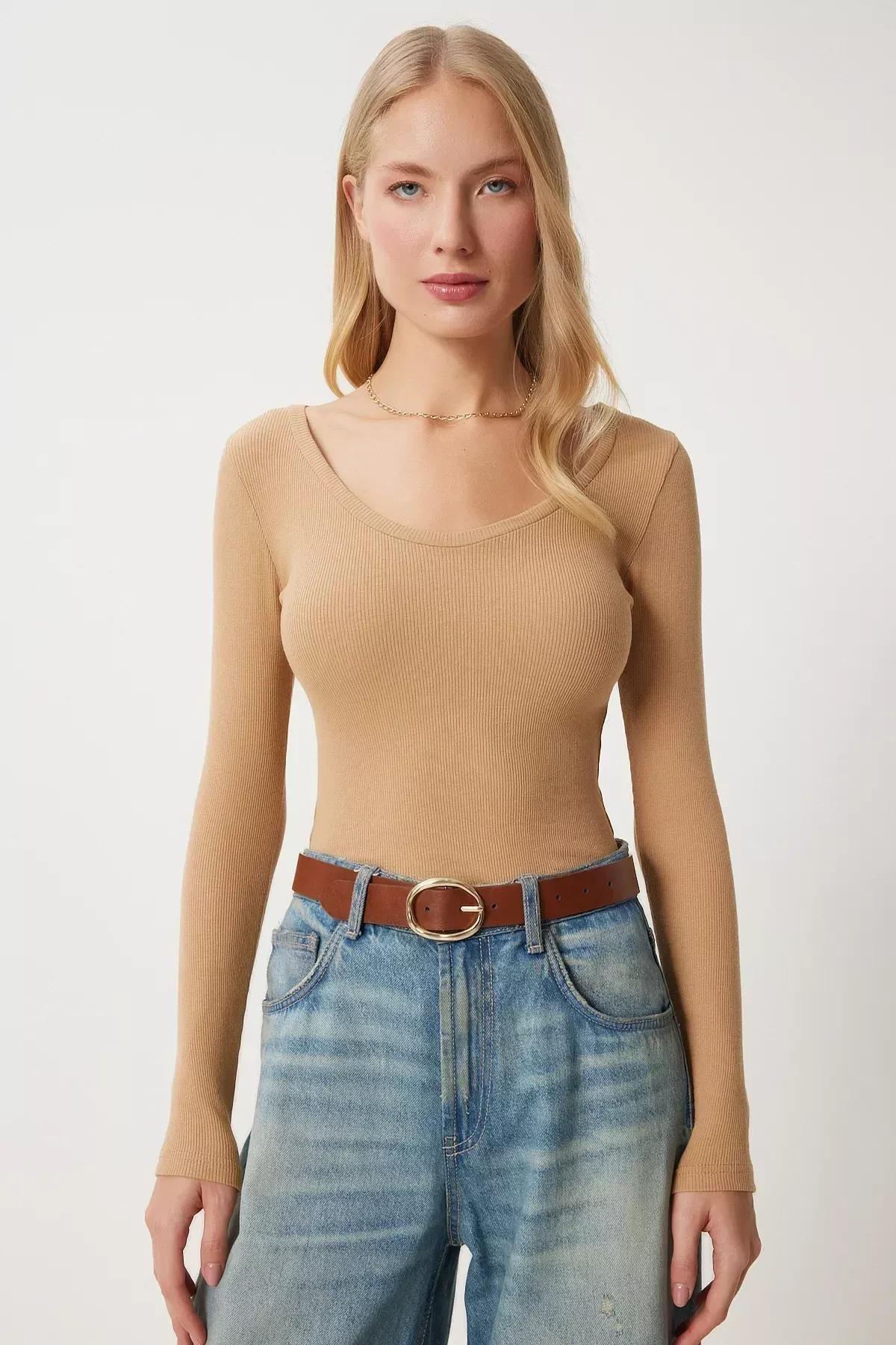 Beige Scoop Neck Fitted Blouse, BISCUIT, large image number 0