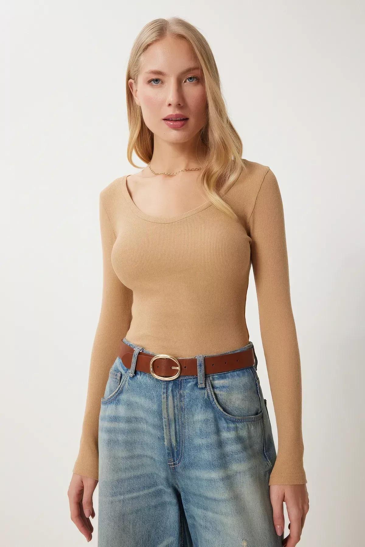 Beige Scoop Neck Fitted Blouse, BISCUIT, large image number 1