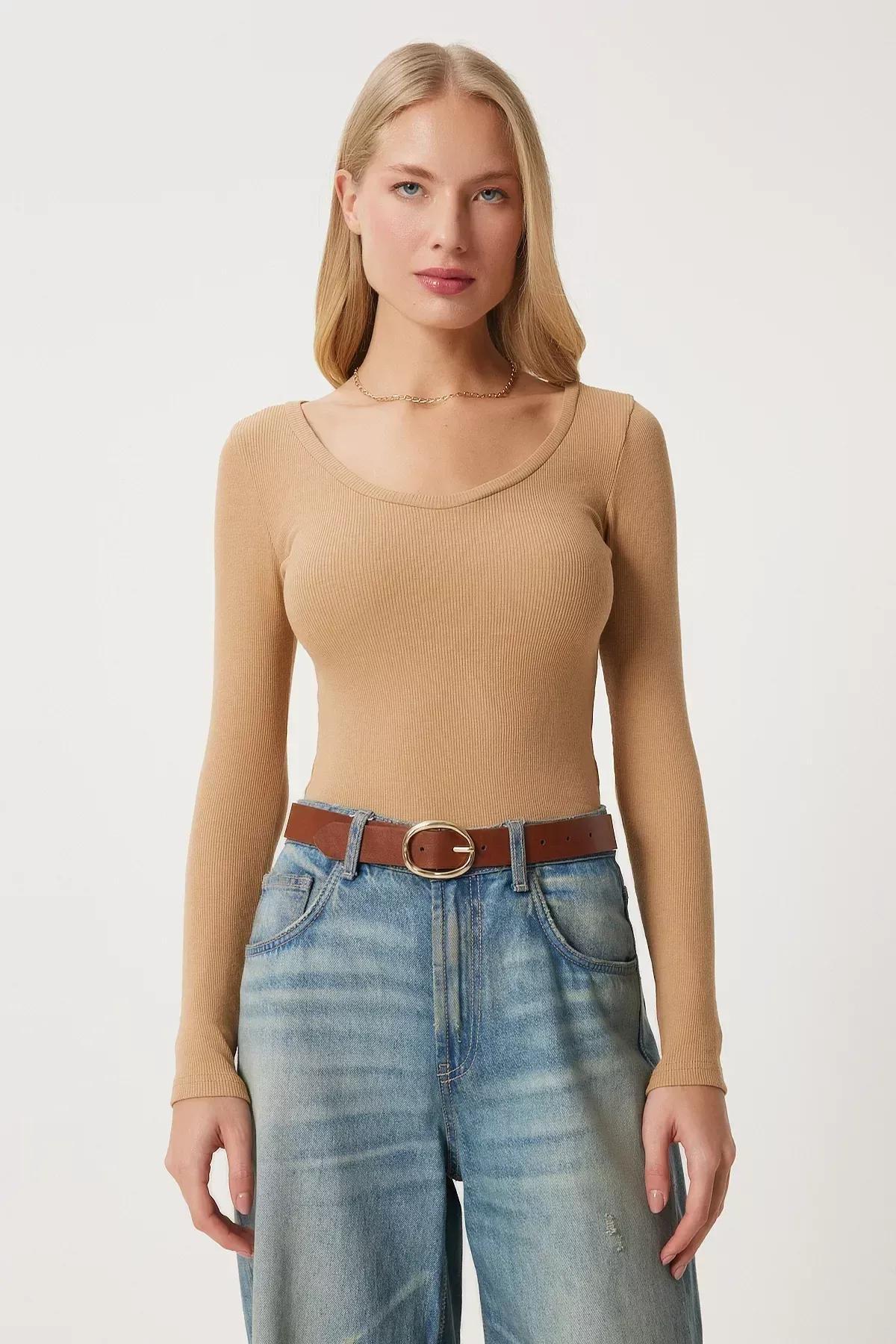 Beige Scoop Neck Fitted Blouse, BISCUIT, large image number 3