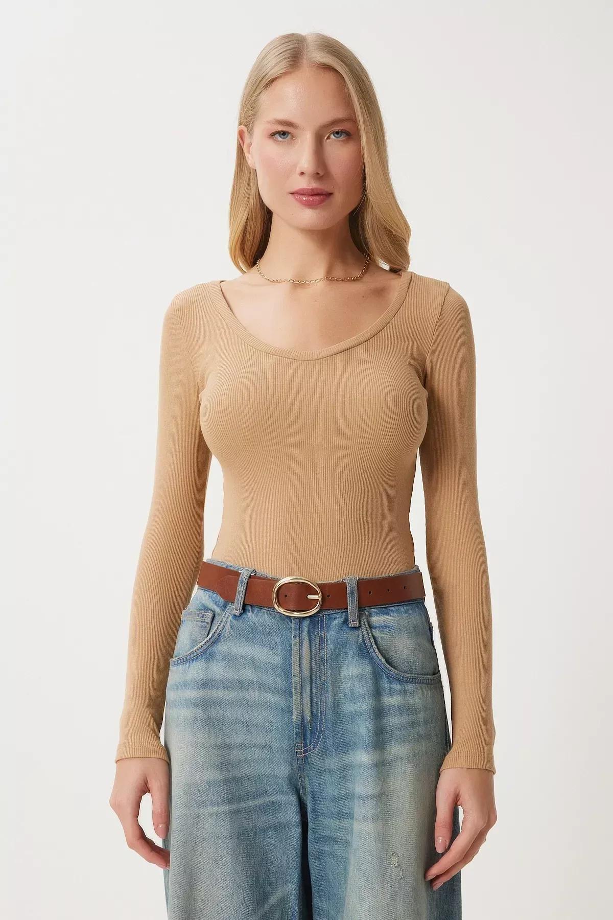 Beige Scoop Neck Fitted Blouse, BISCUIT, large image number 4