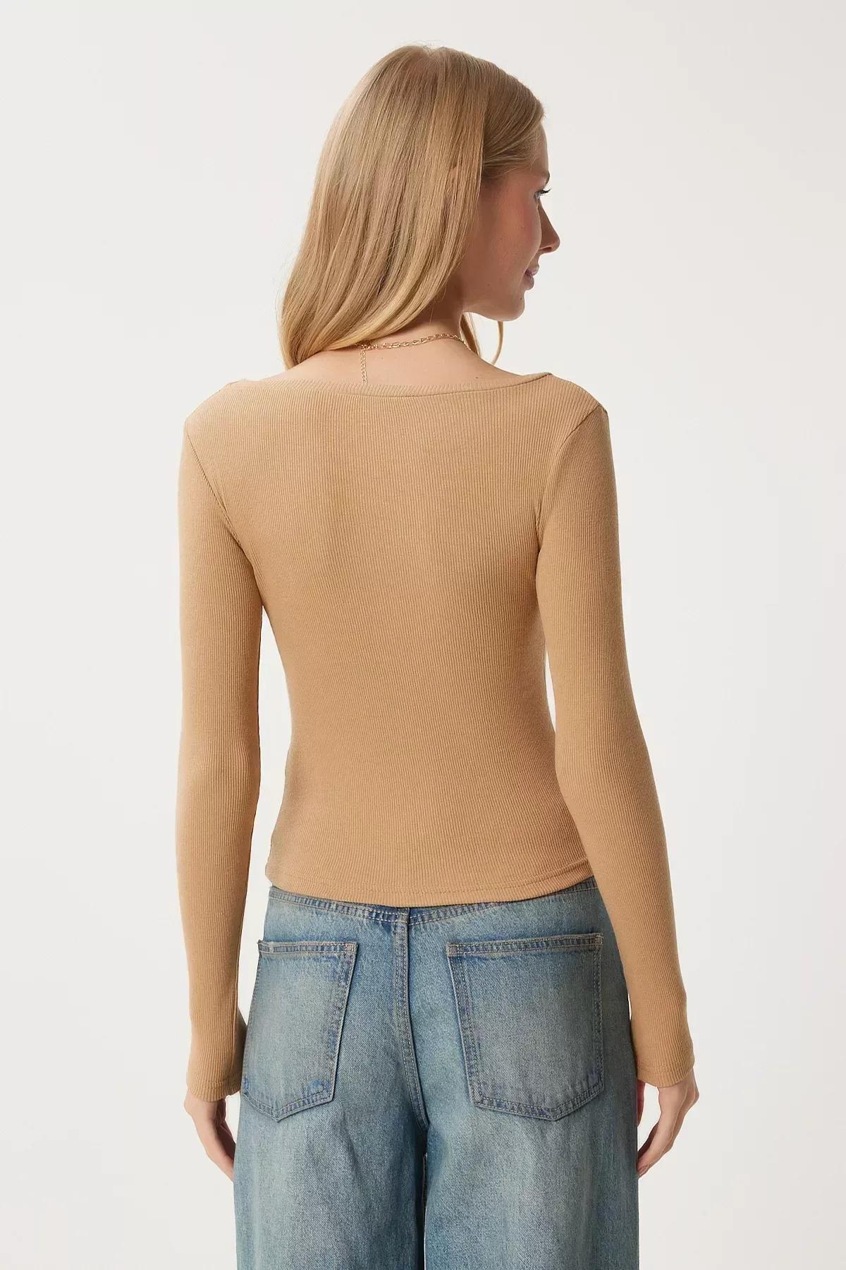 Beige Scoop Neck Fitted Blouse, BISCUIT, large image number 6