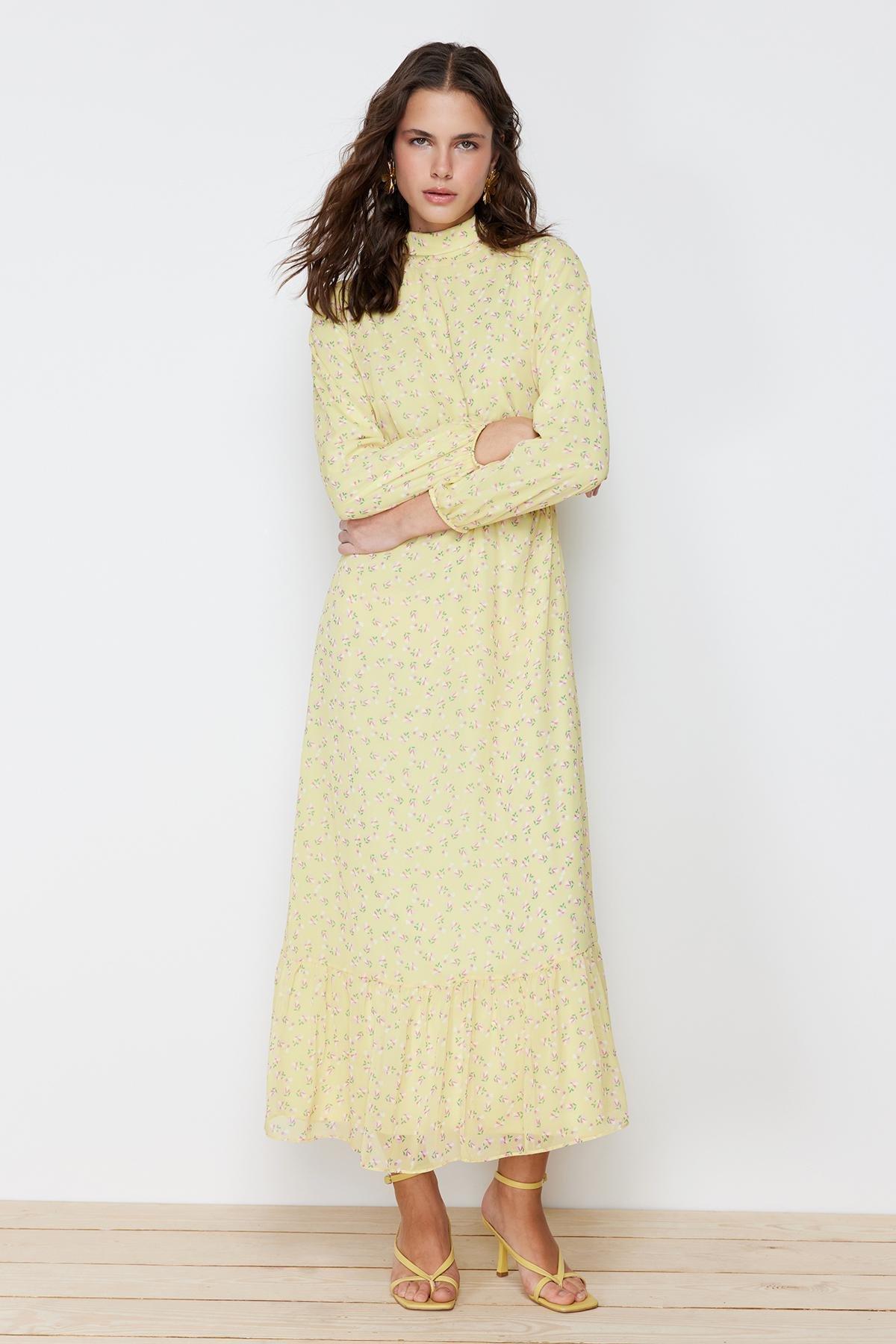 Yellow Lined Chiffon Woven Dress, , large image number 0