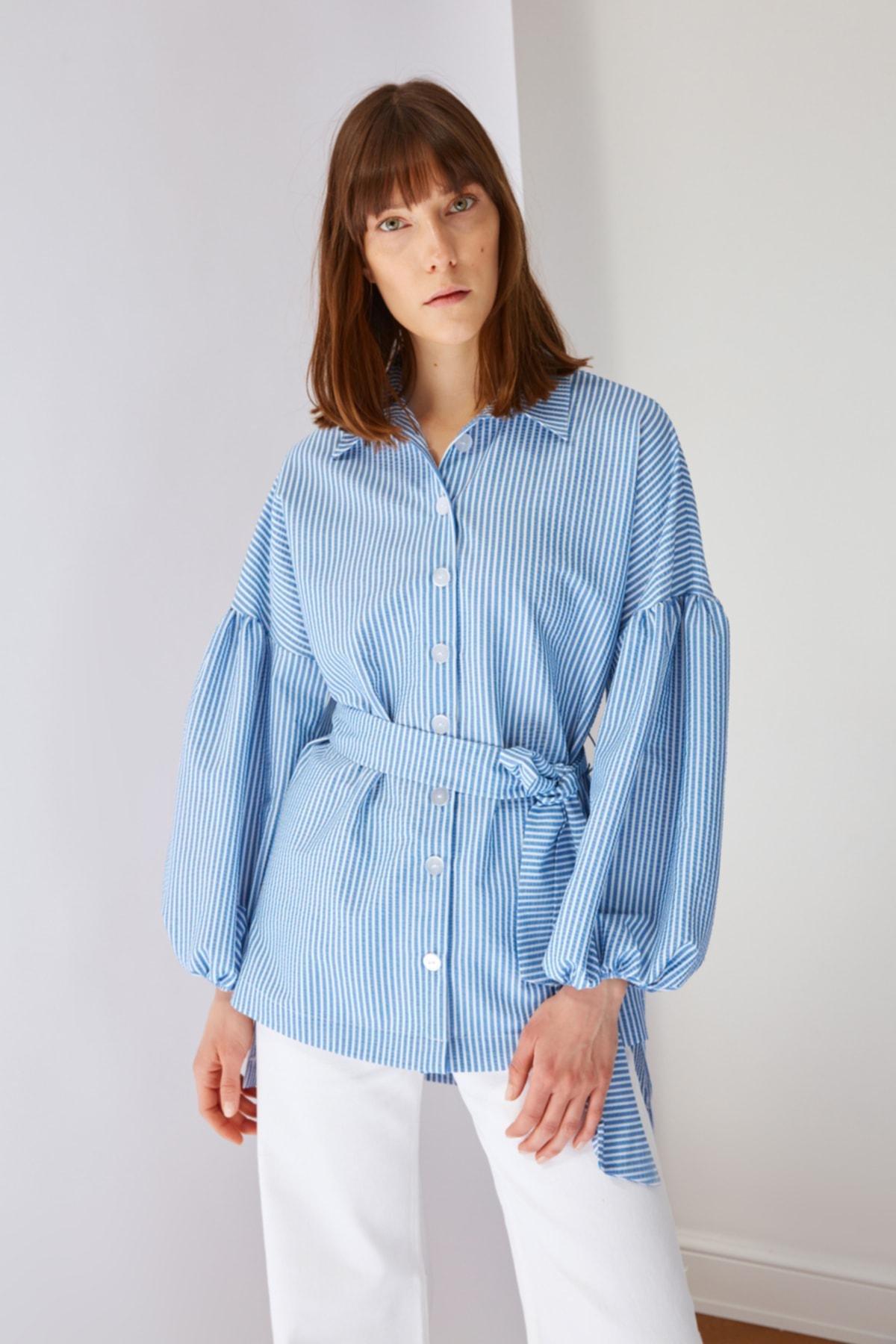 Trendyol - Blue Fitted Striped Shirt