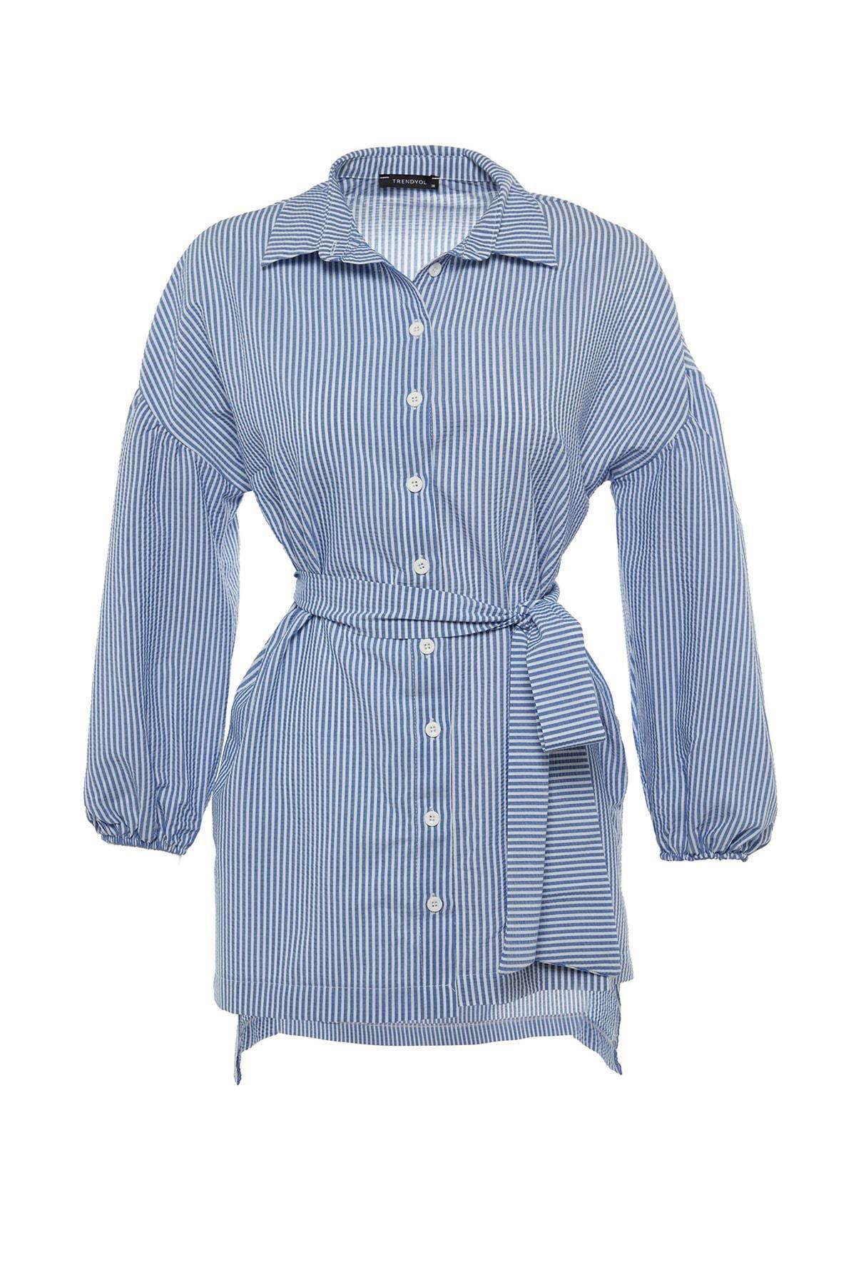 Trendyol - Blue Fitted Striped Shirt