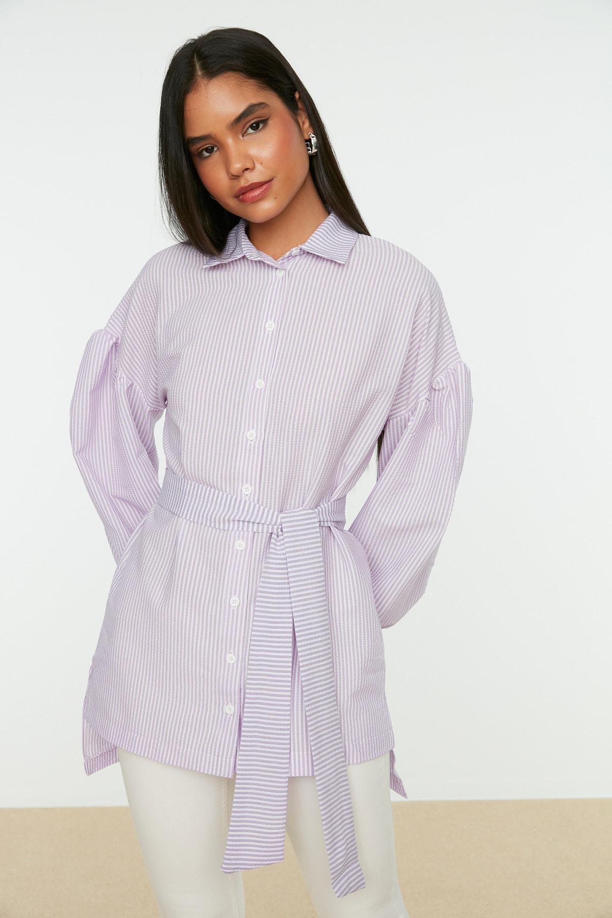 Trendyol - Purple Fitted Striped Shirt