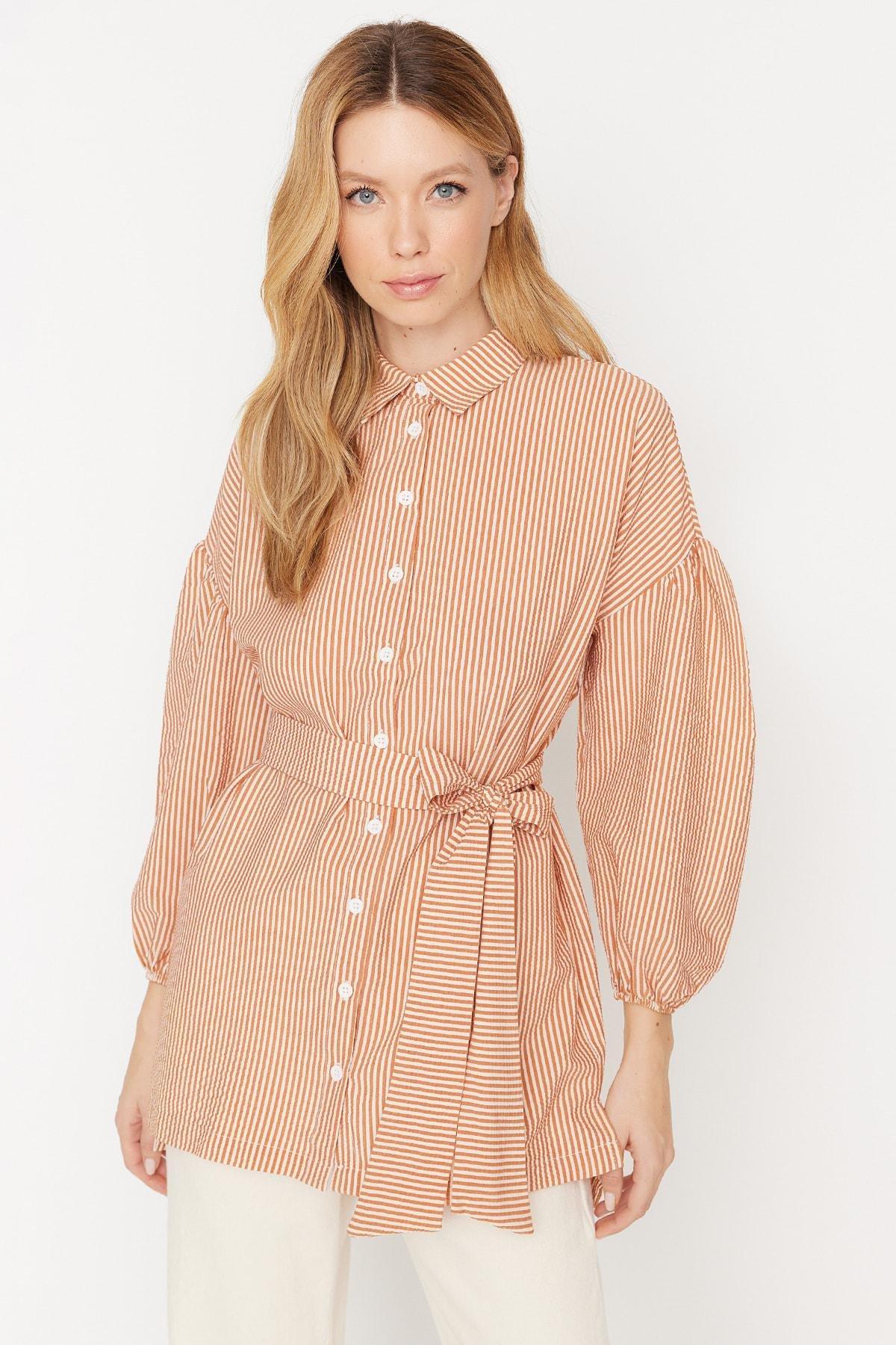 Orange Relaxed Striped Shirt, , large image number 1