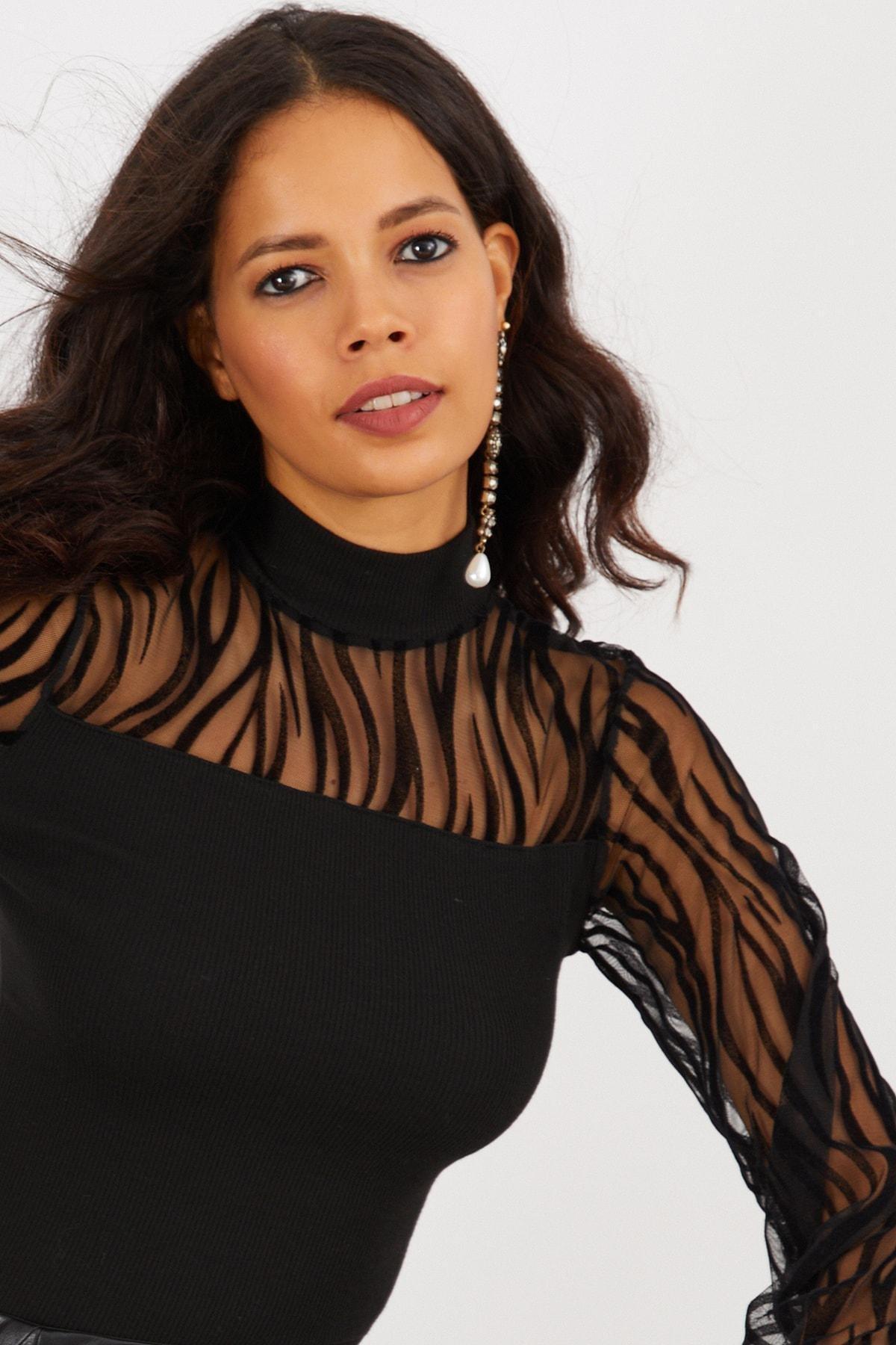 Black Fitted Bodycon Blouse, BLACK, large image number 3