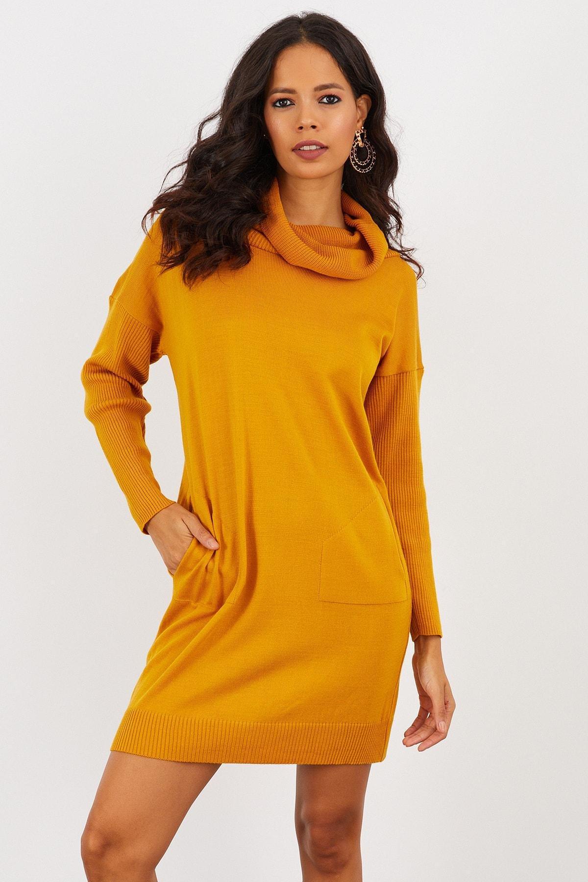 Yellow Ribbed Sweater Mini Dress, Mustard, large image number 0