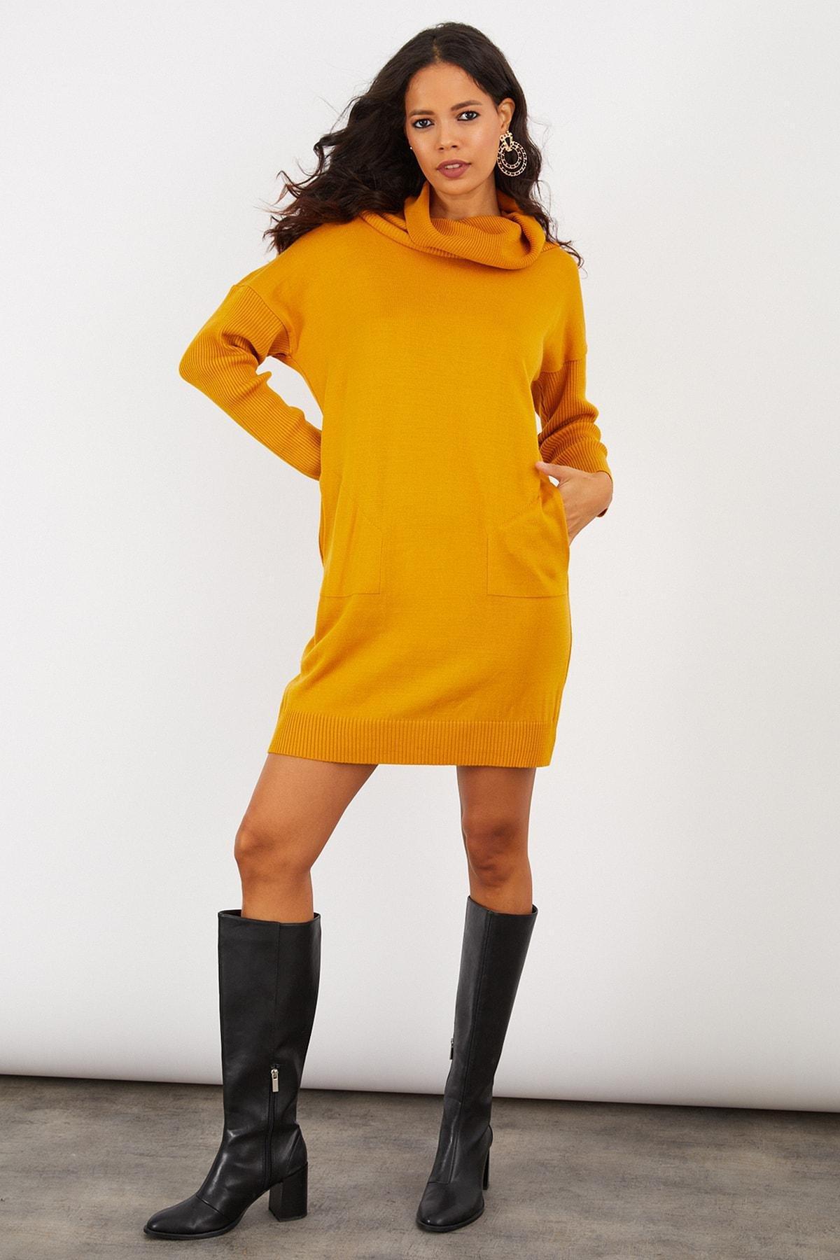 Yellow Ribbed Sweater Mini Dress, Mustard, large image number 1