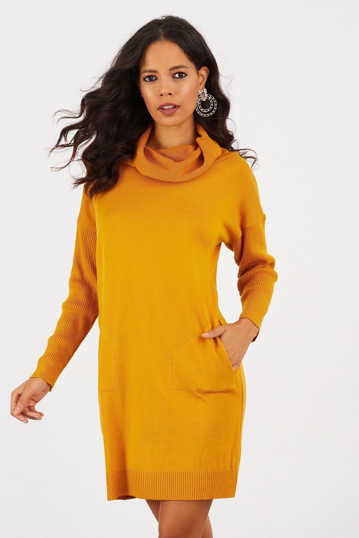 Yellow Ribbed Sweater Mini Dress, Mustard, large image number 2