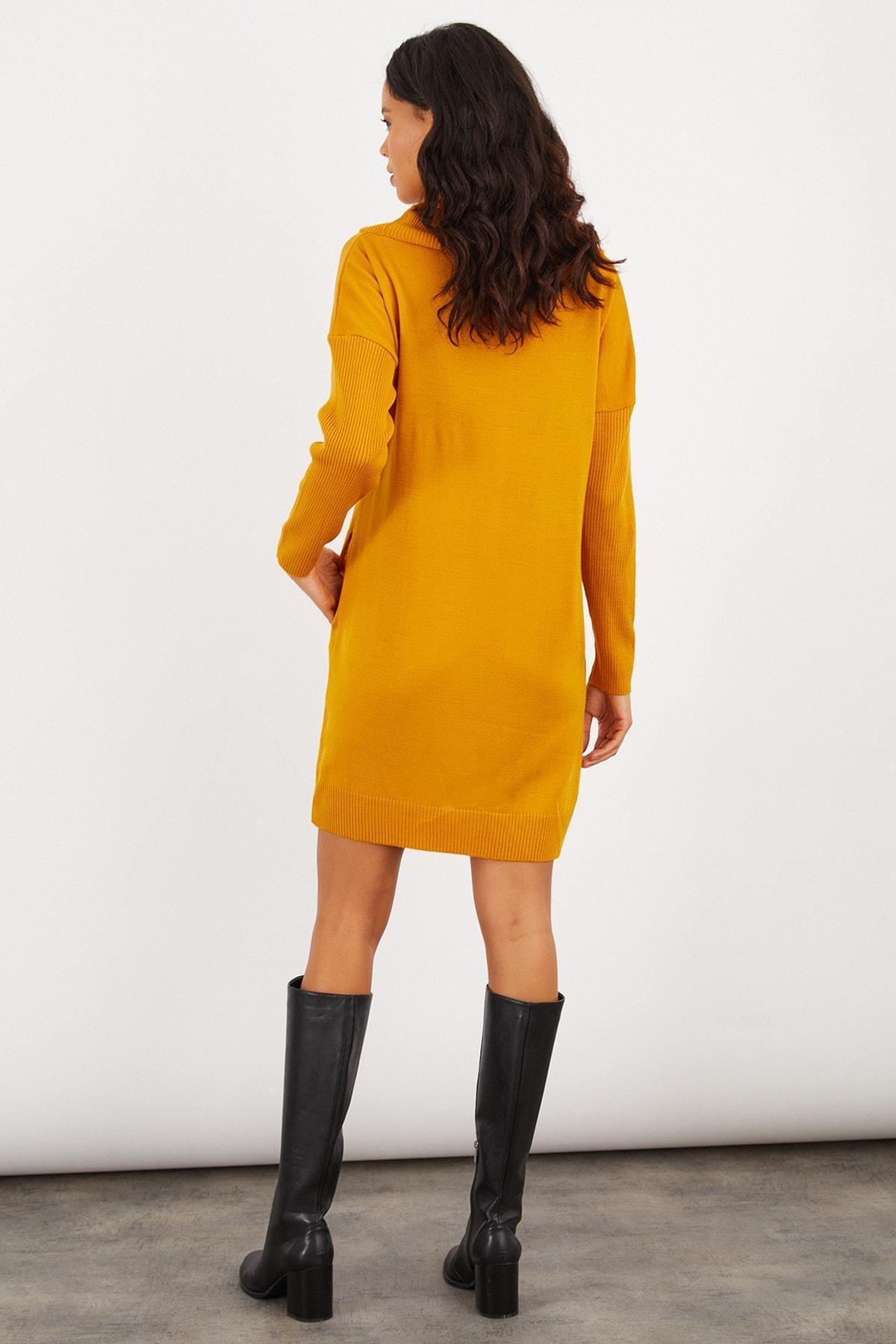 Yellow Ribbed Sweater Mini Dress, Mustard, large image number 3