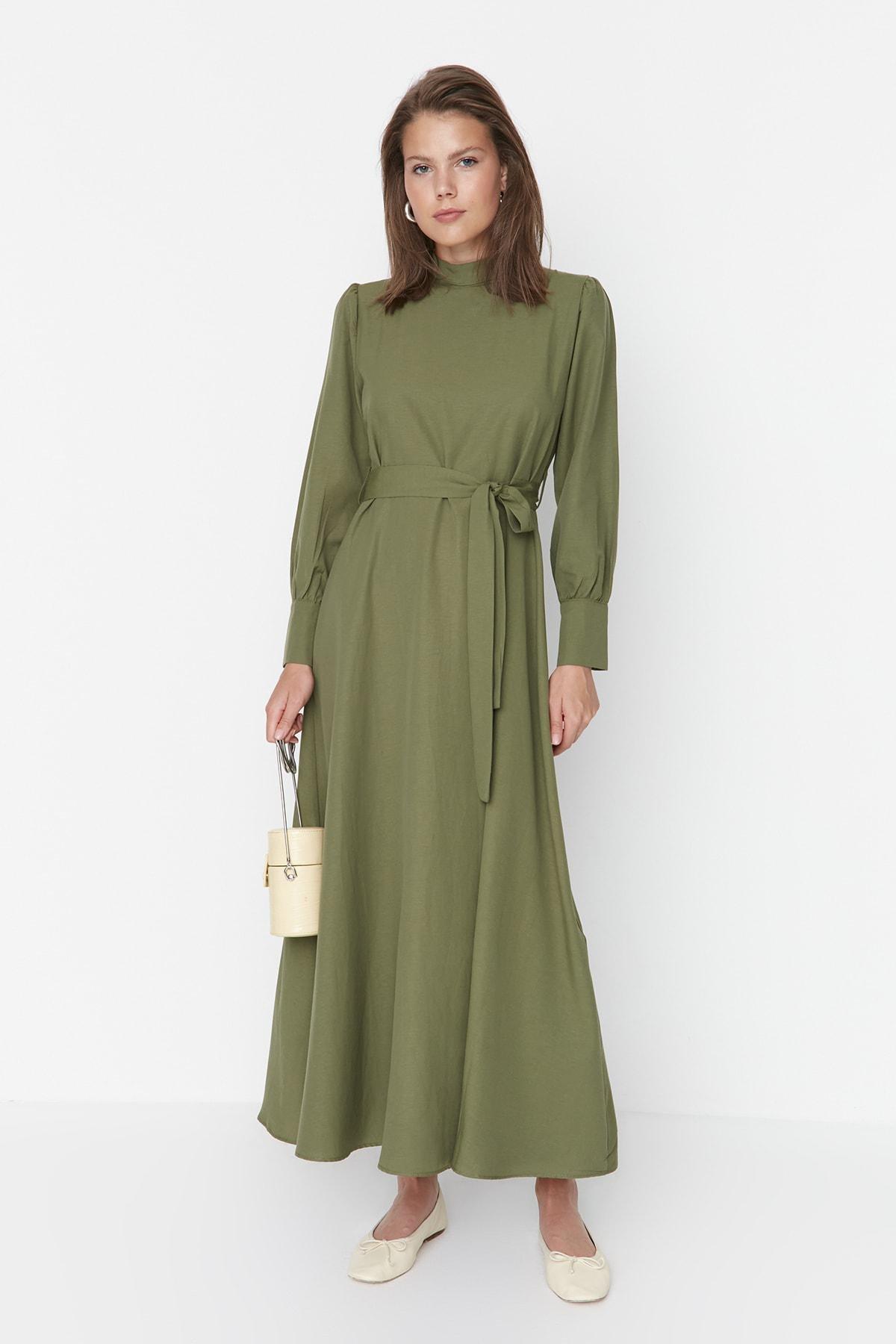 Khaki Maxi Standing Collar Dress, , large image number 0