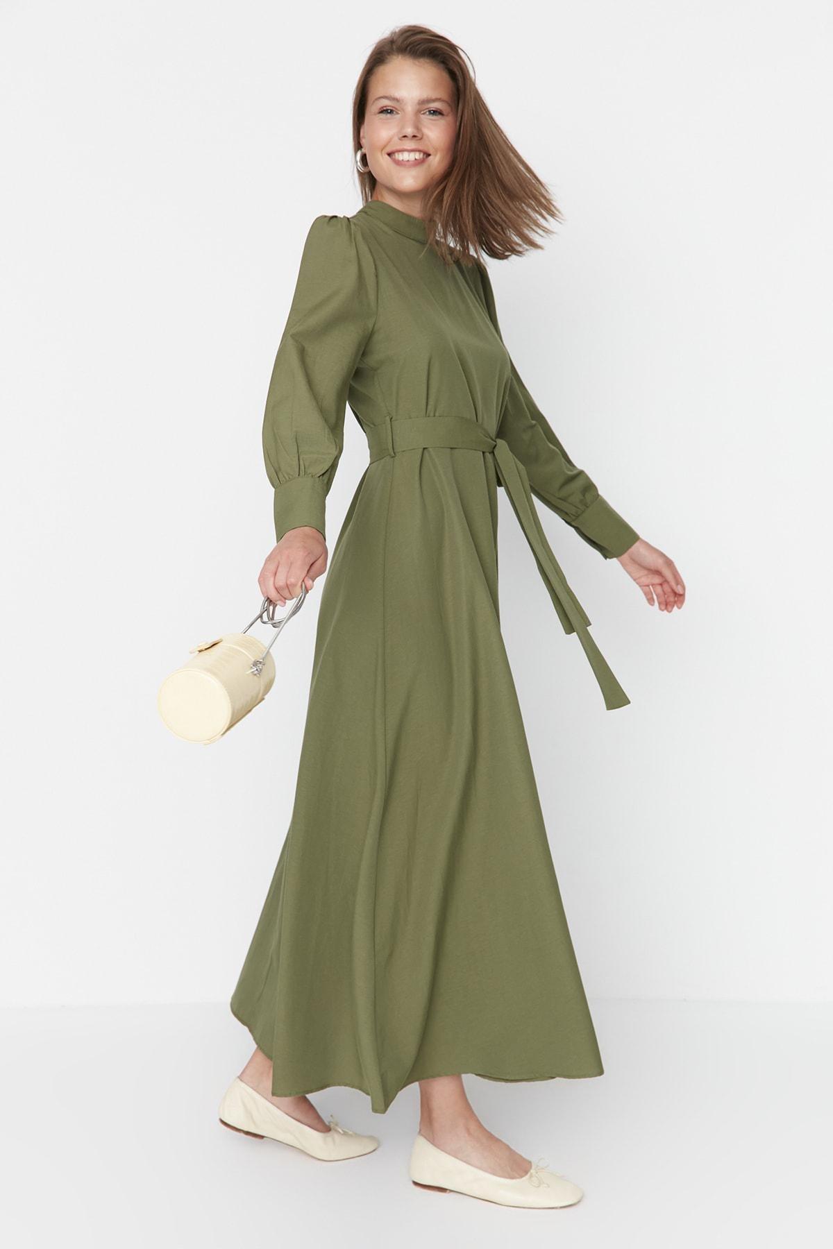 Khaki Maxi Standing Collar Dress, , large image number 1