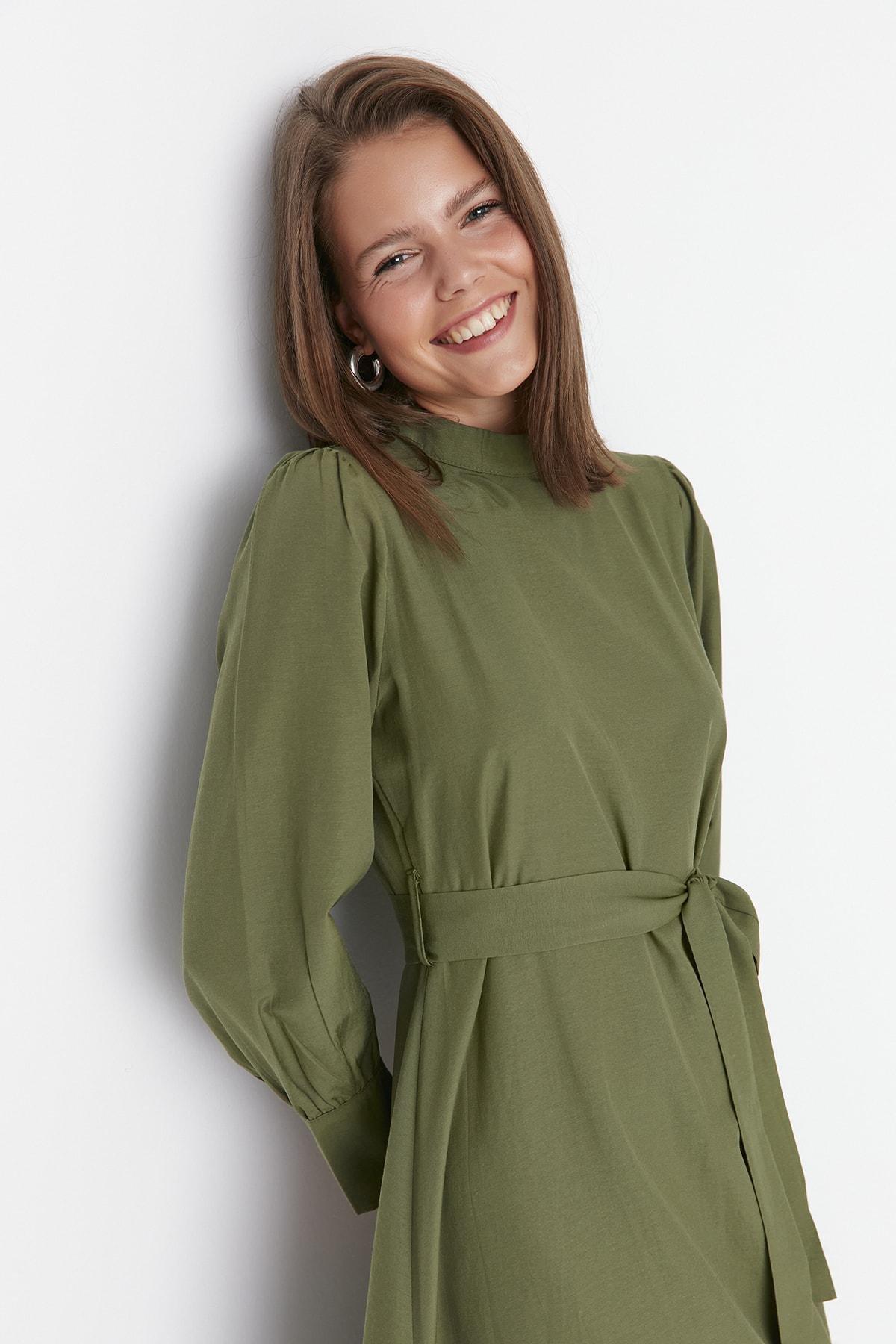 Khaki Maxi Standing Collar Dress, , large image number 2