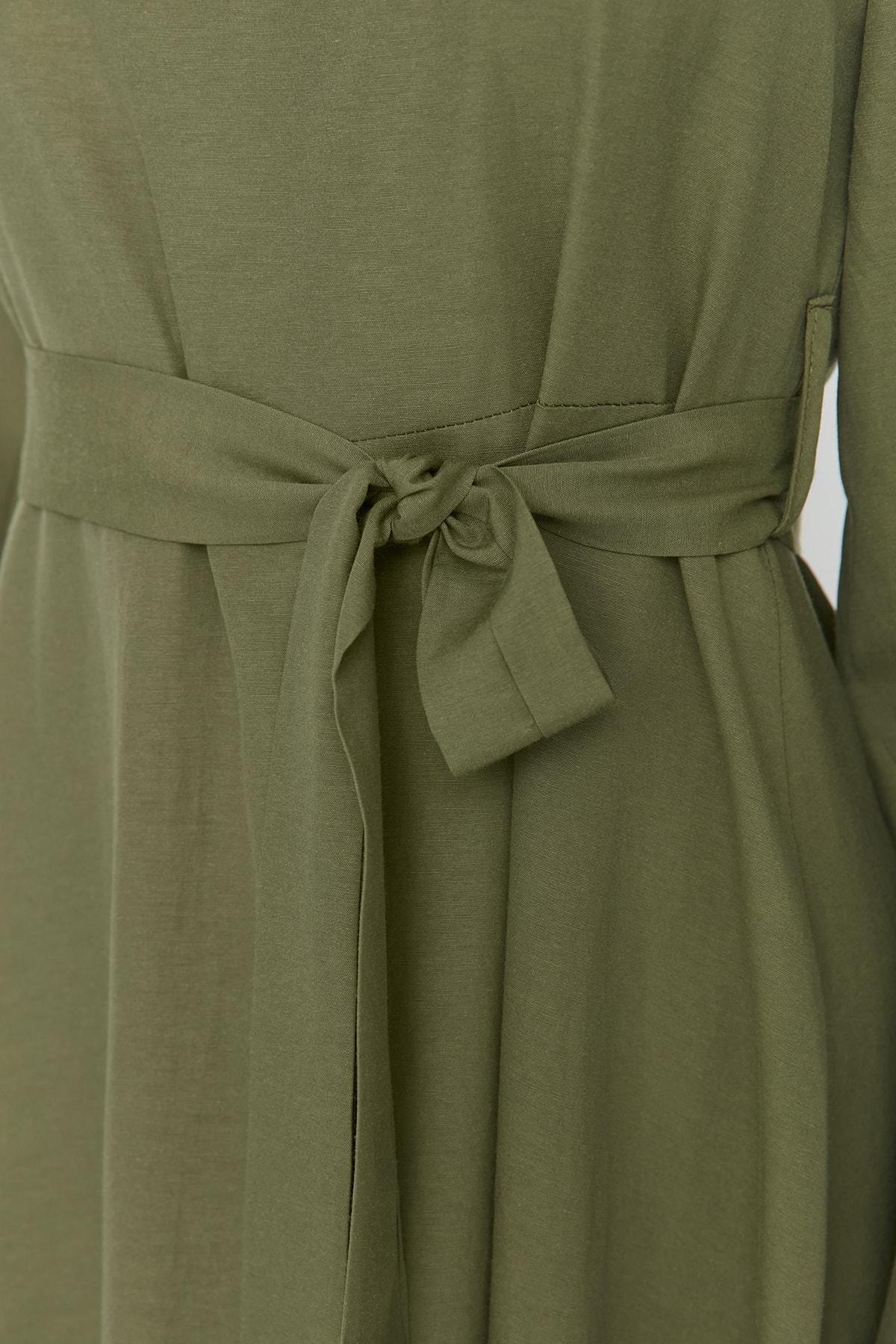Khaki Maxi Standing Collar Dress, , large image number 3