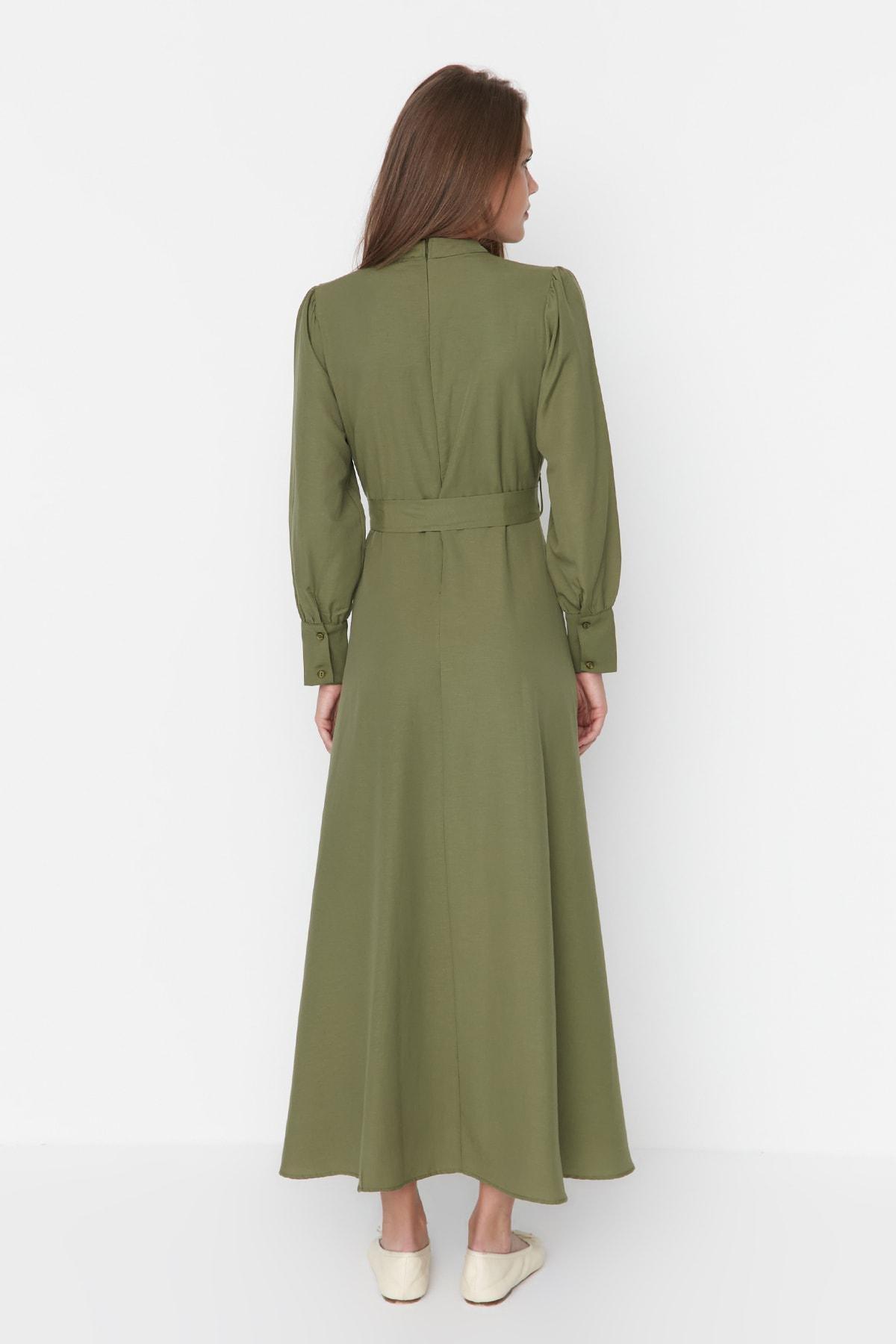 Khaki Maxi Standing Collar Dress, , large image number 4