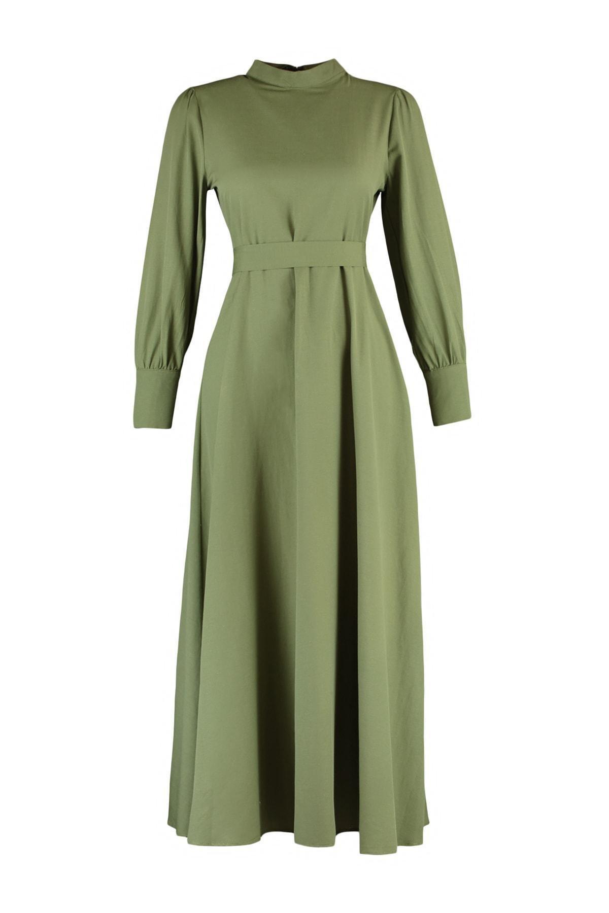 Khaki Maxi Standing Collar Dress, , large image number 5