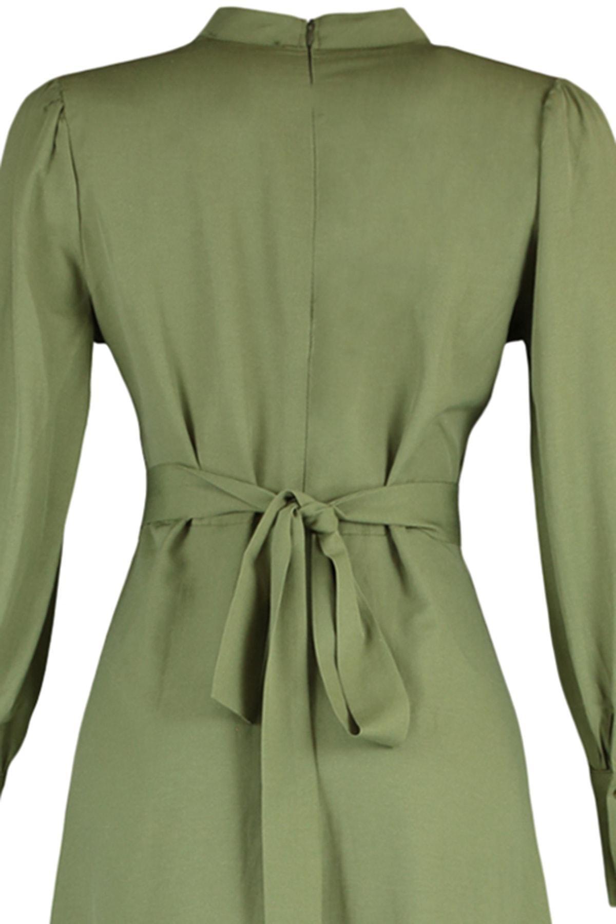 Khaki Maxi Standing Collar Dress, , large image number 6
