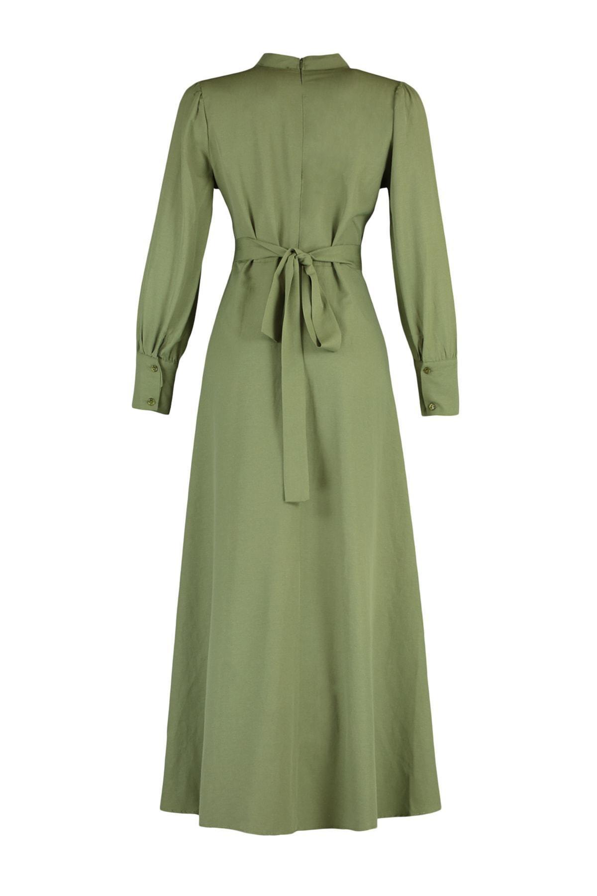 Khaki Maxi Standing Collar Dress, , large image number 7