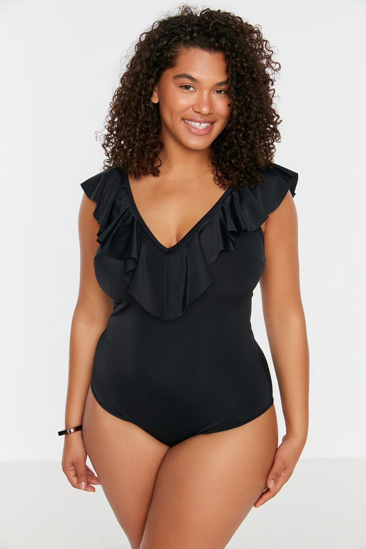 Black Plain Plus Size Swimsuit, Black, large image number 0
