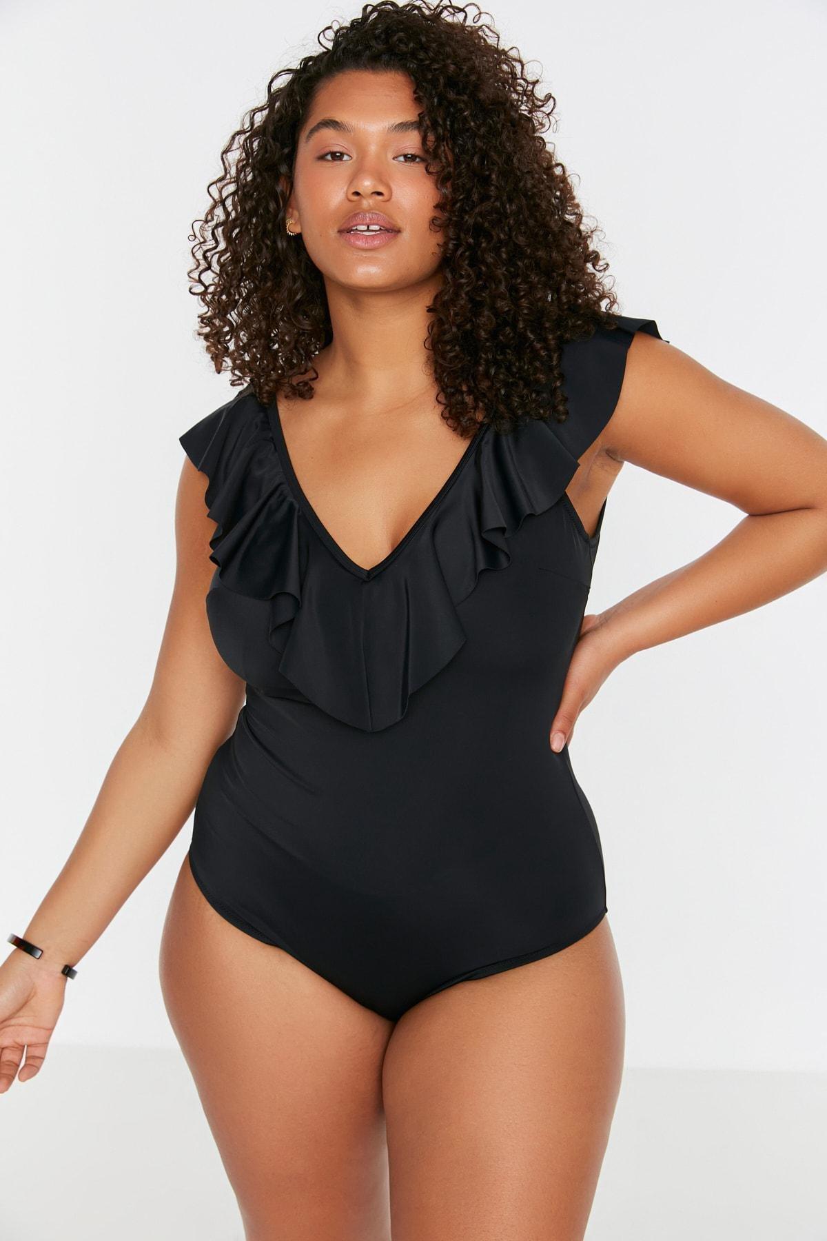 Black Plain Plus Size Swimsuit, Black, large image number 3