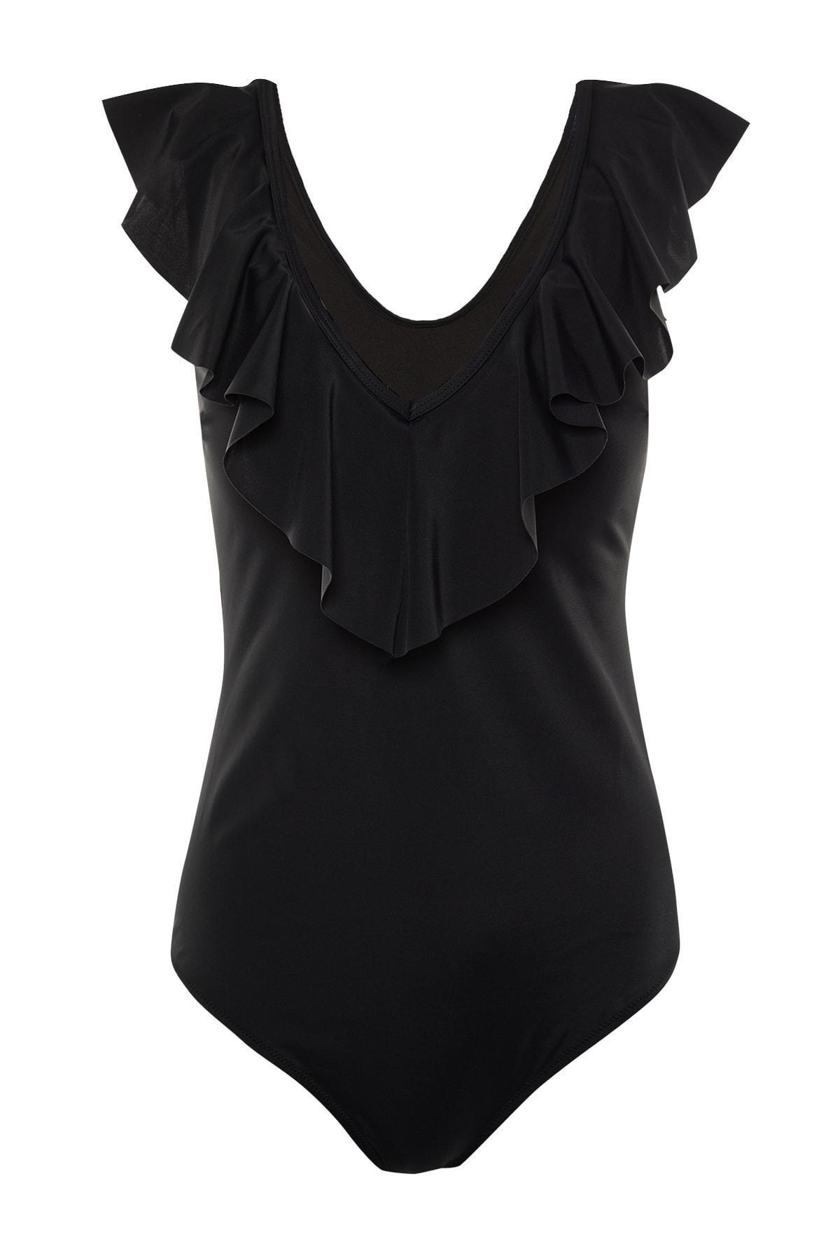 Black Plain Plus Size Swimsuit, Black, large image number 5