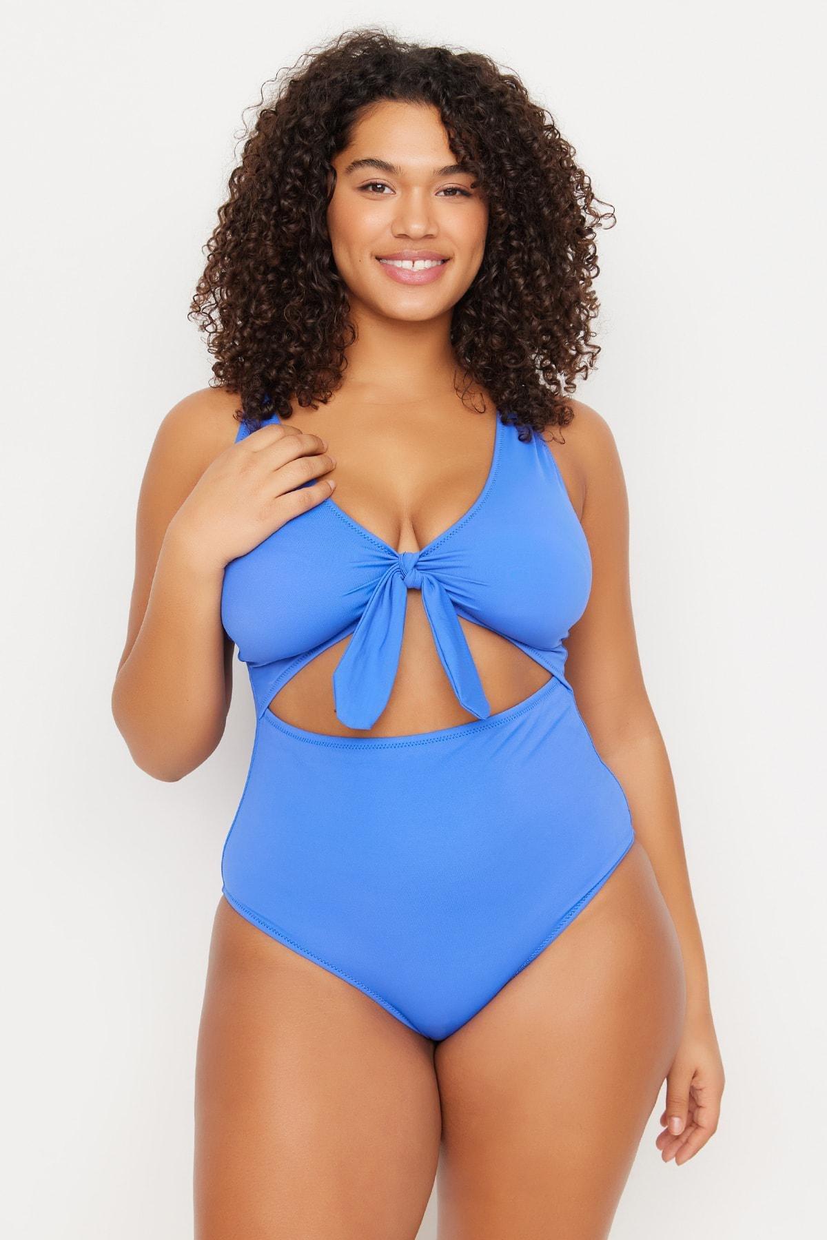 Trendyol - Navy Front Knot Plus Size Swimsuit