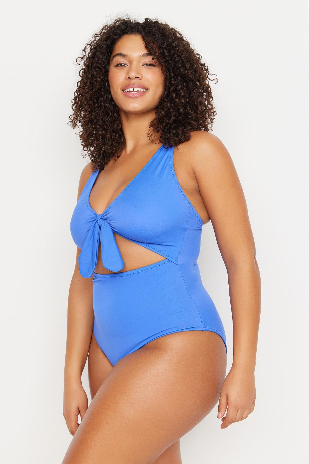 Navy Front Knot Plus Size Swimsuit, Dark blue, medium