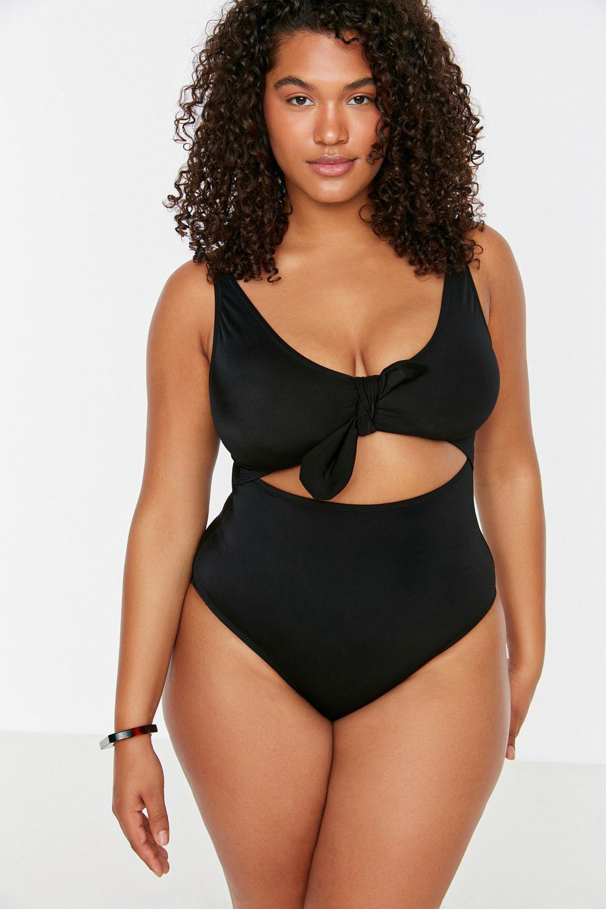 Black Plain Plus Size Swimsuit, , large image number 0