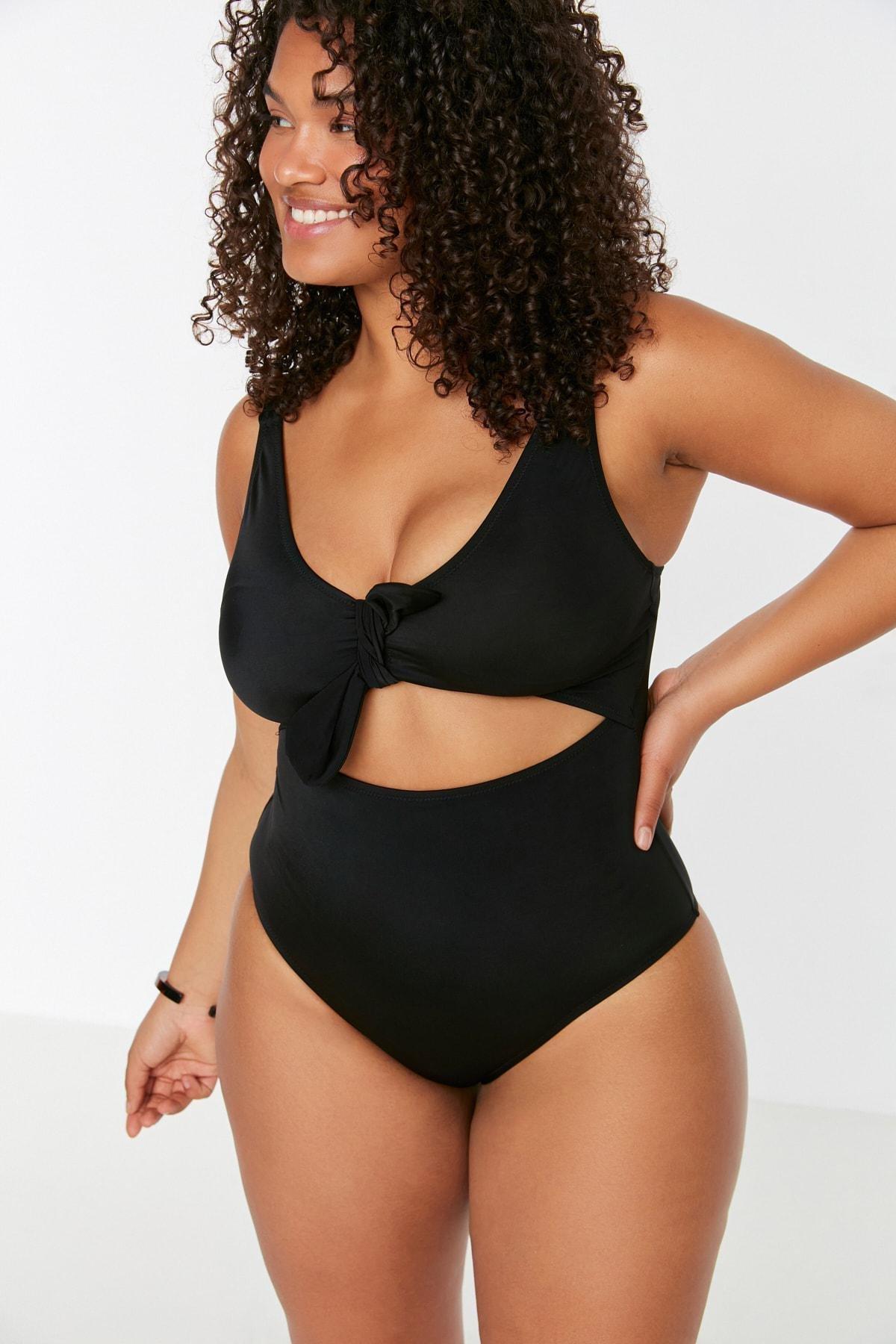Black Plain Plus Size Swimsuit, , large image number 1