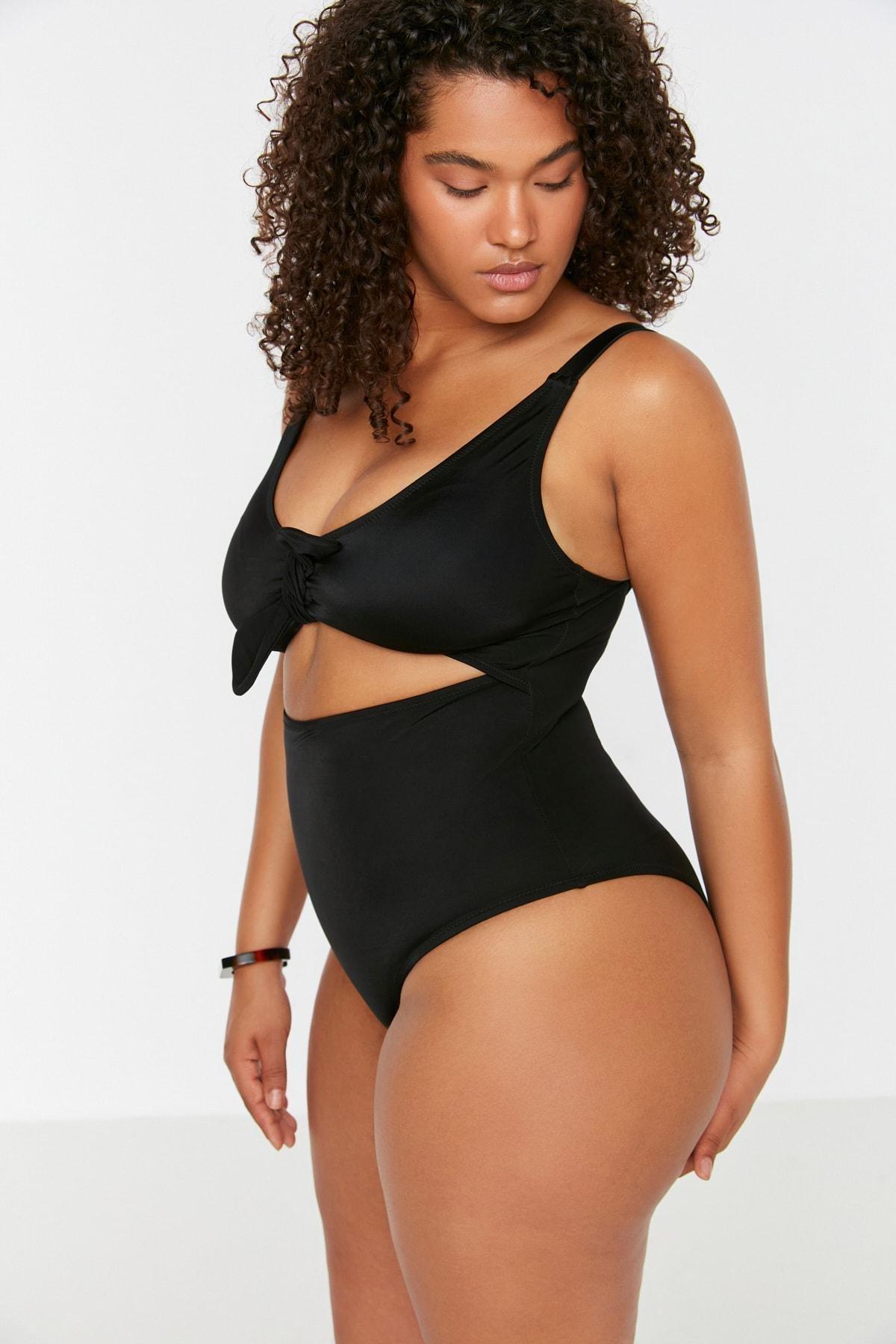 Black Plain Plus Size Swimsuit, , large image number 2