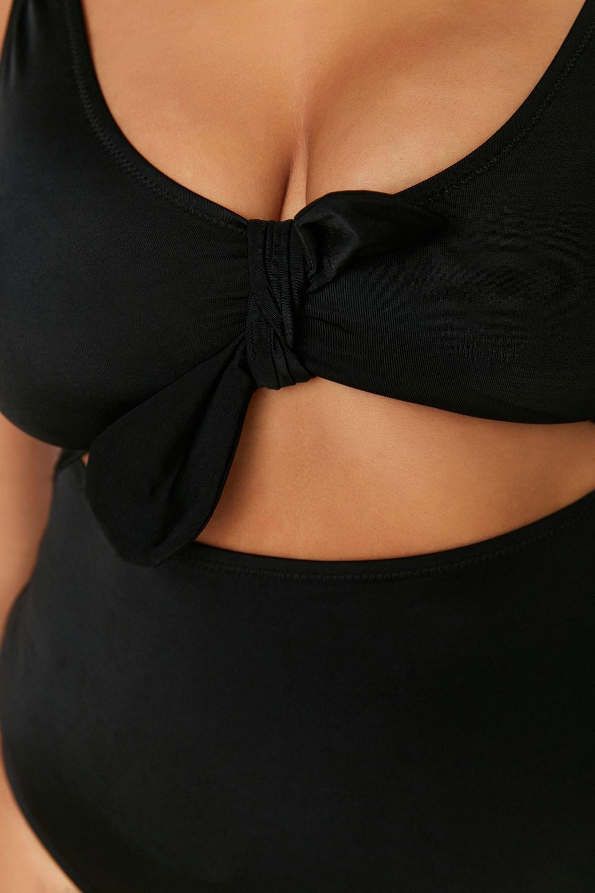 Trendyol - Black Plain Plus Size Swimsuit